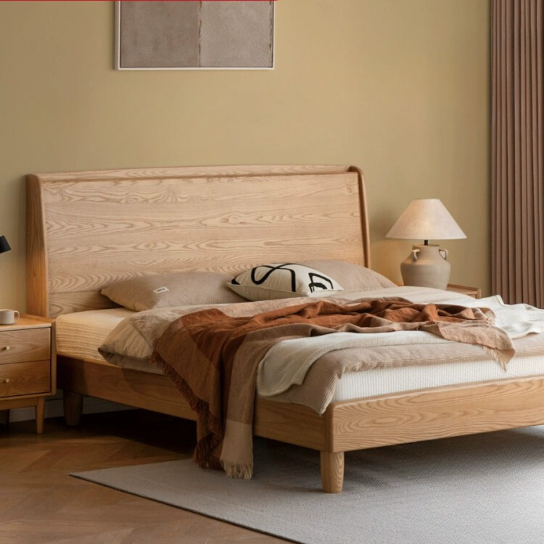 Ash Solid Wood High Backrest Large Bed