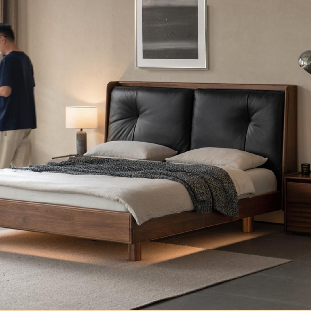 Black Walnut Solid Wood Italian Light Luxury Genuine Leather Soft Bed