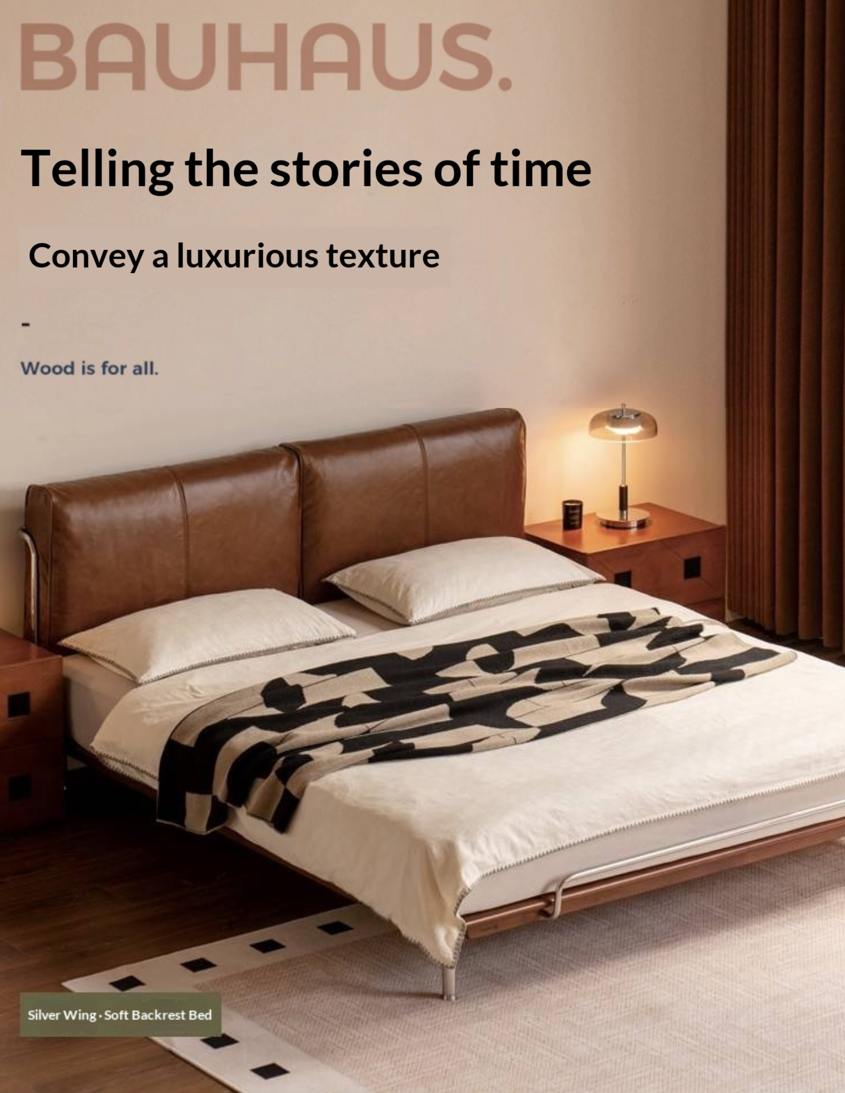 Genuine Leather Bauhaus Style Double Bed with Top Grain Cowhide Soft Backrest