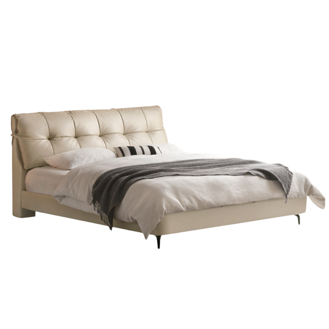 Genuine Leather Italian Light Luxury White Soft Headboard Bed