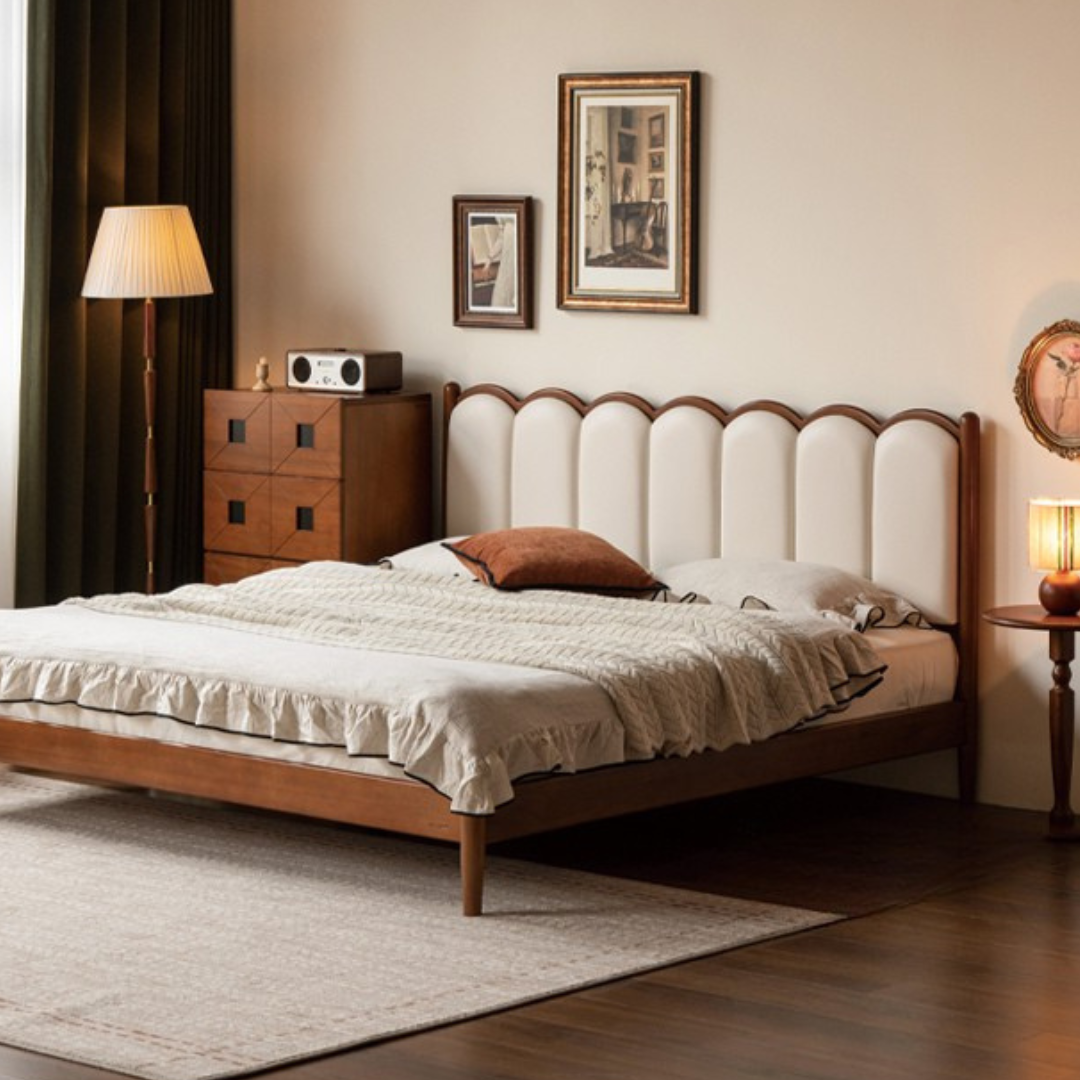 Poplar Solid Wood Bed, French Retro Style Piano Key Bed