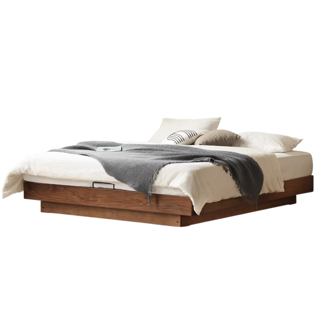 Black Walnut Solid Wood Platform Box Bed, Headboard-Free Bed Night Light Suspended Bed