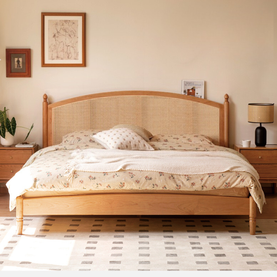 Cherry Solid Wood Rattan Bed Retro