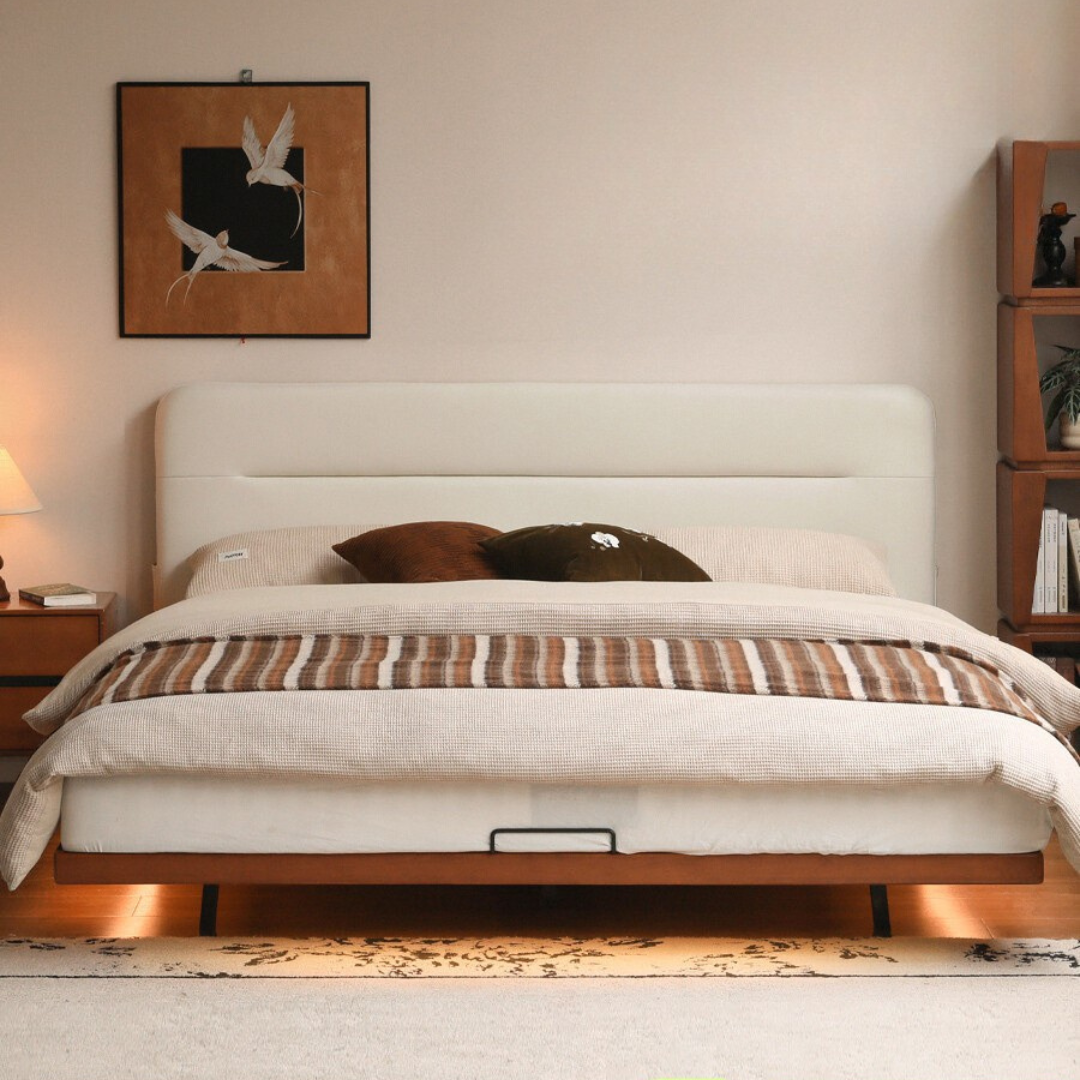 Poplar Solid Wood Floating Soft Bed, Vintage with Light