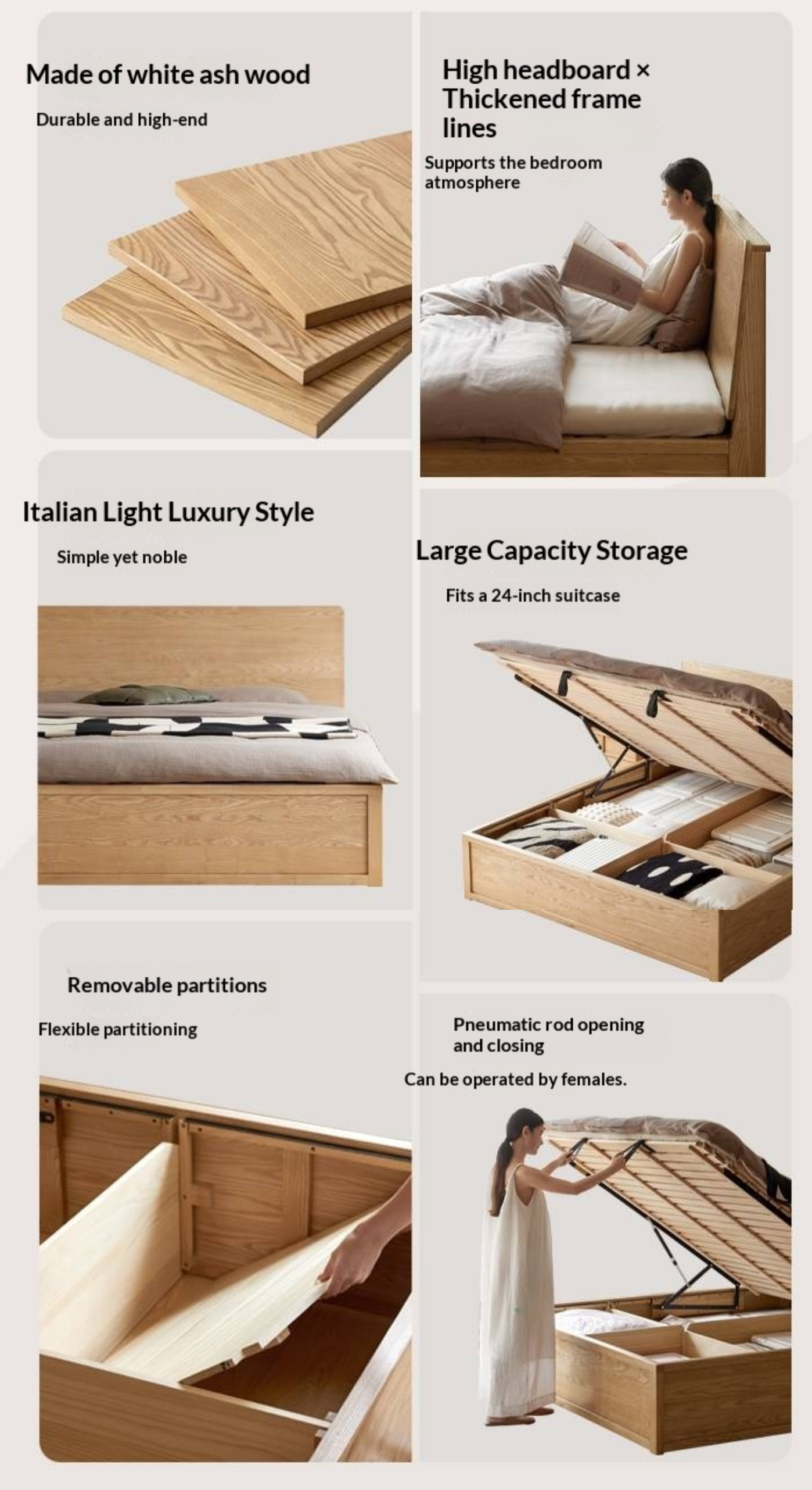 Ash Solid Wood Bed — Slab Design, Home Italian Light Luxury Box Bed