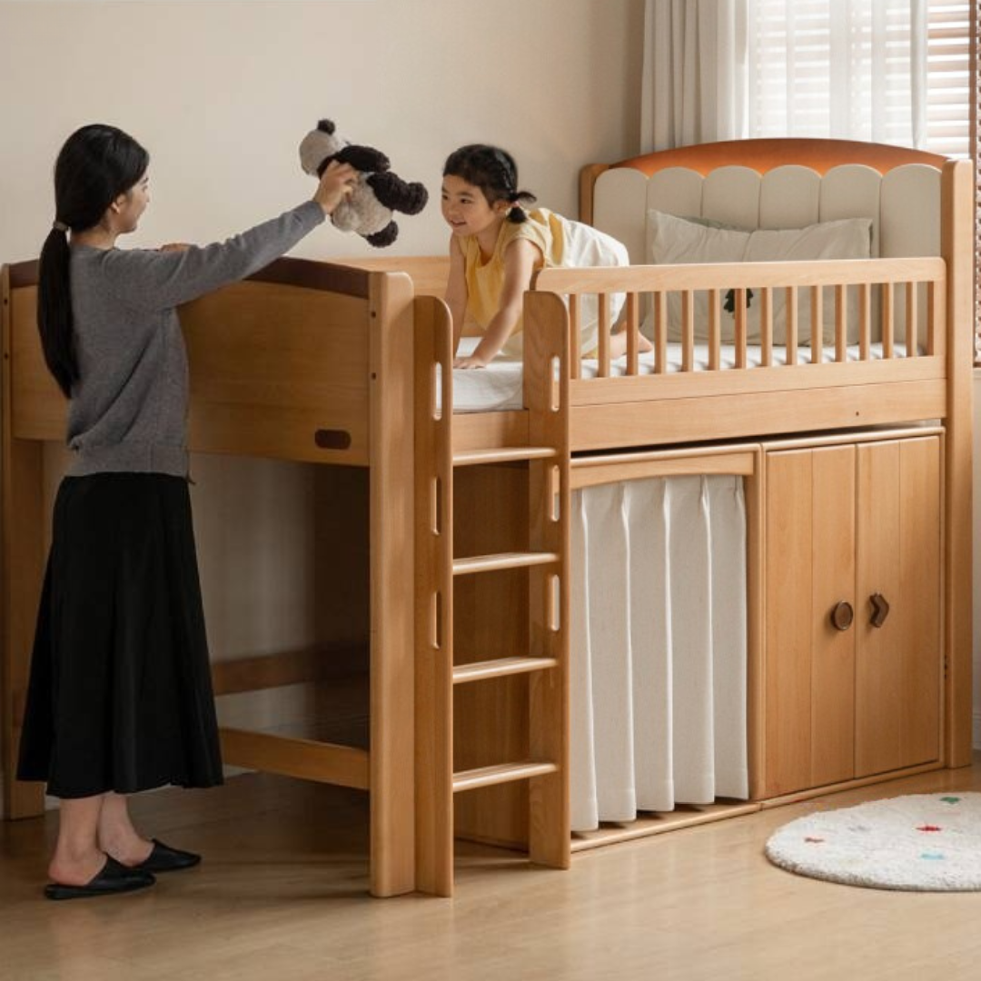 Beech Solid Wood Children's Soft Backrest Storage Loft Bed with Night Light