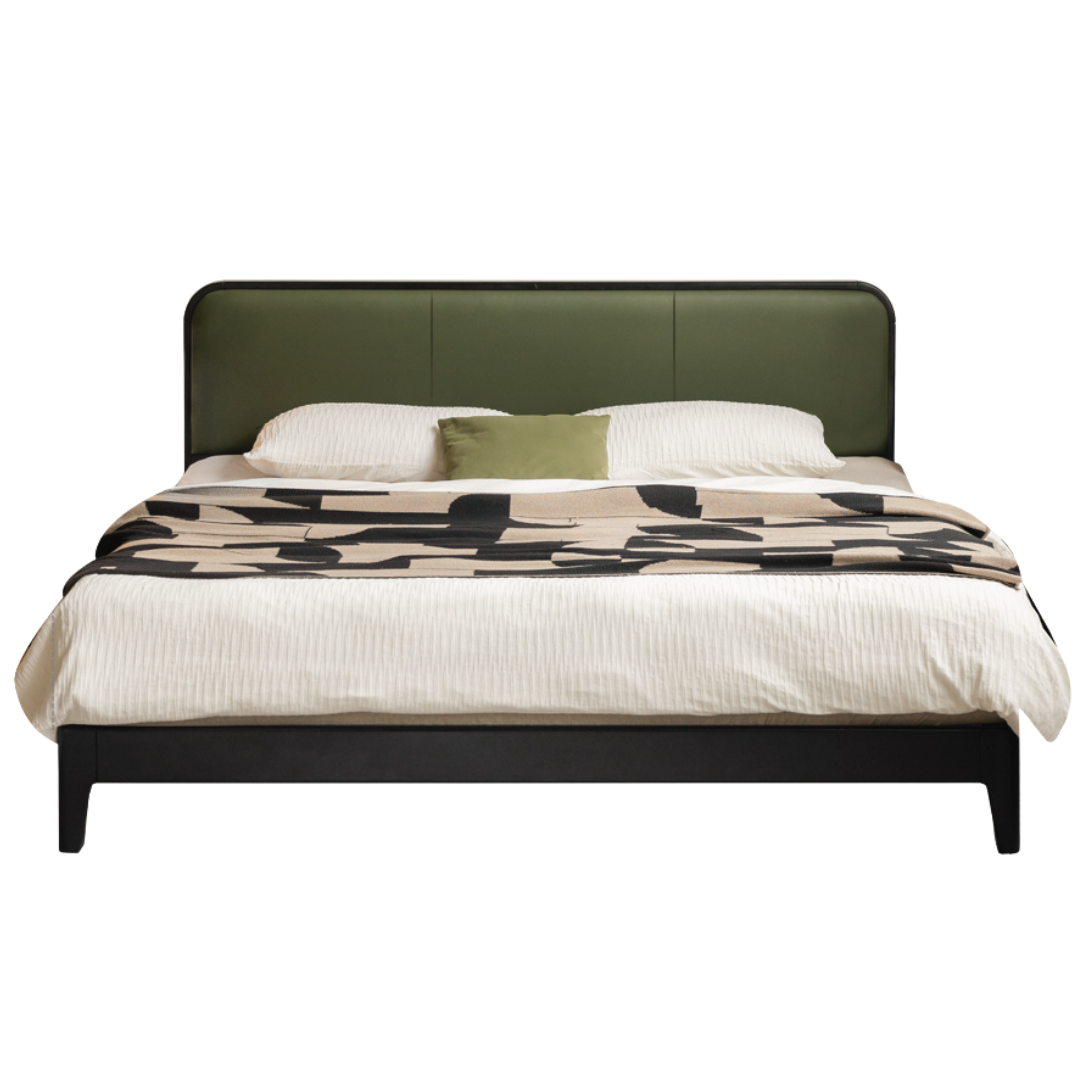 Rubberwood Solid Wood Bed — Modern Minimalist Black Design with Soft Headboard