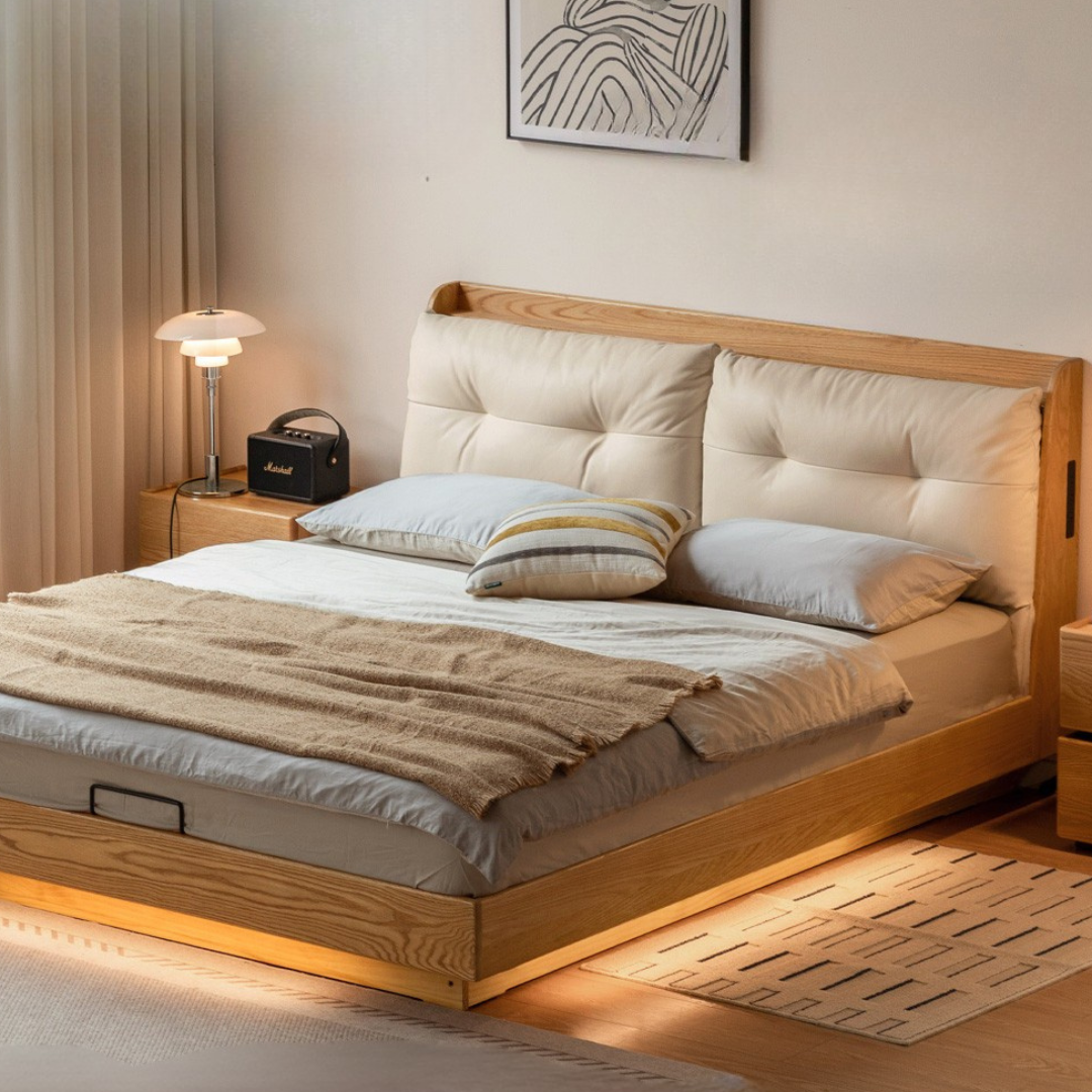 Oak Solid Wood Modern Leather Storage Bed, LED Lighting and USB Charging