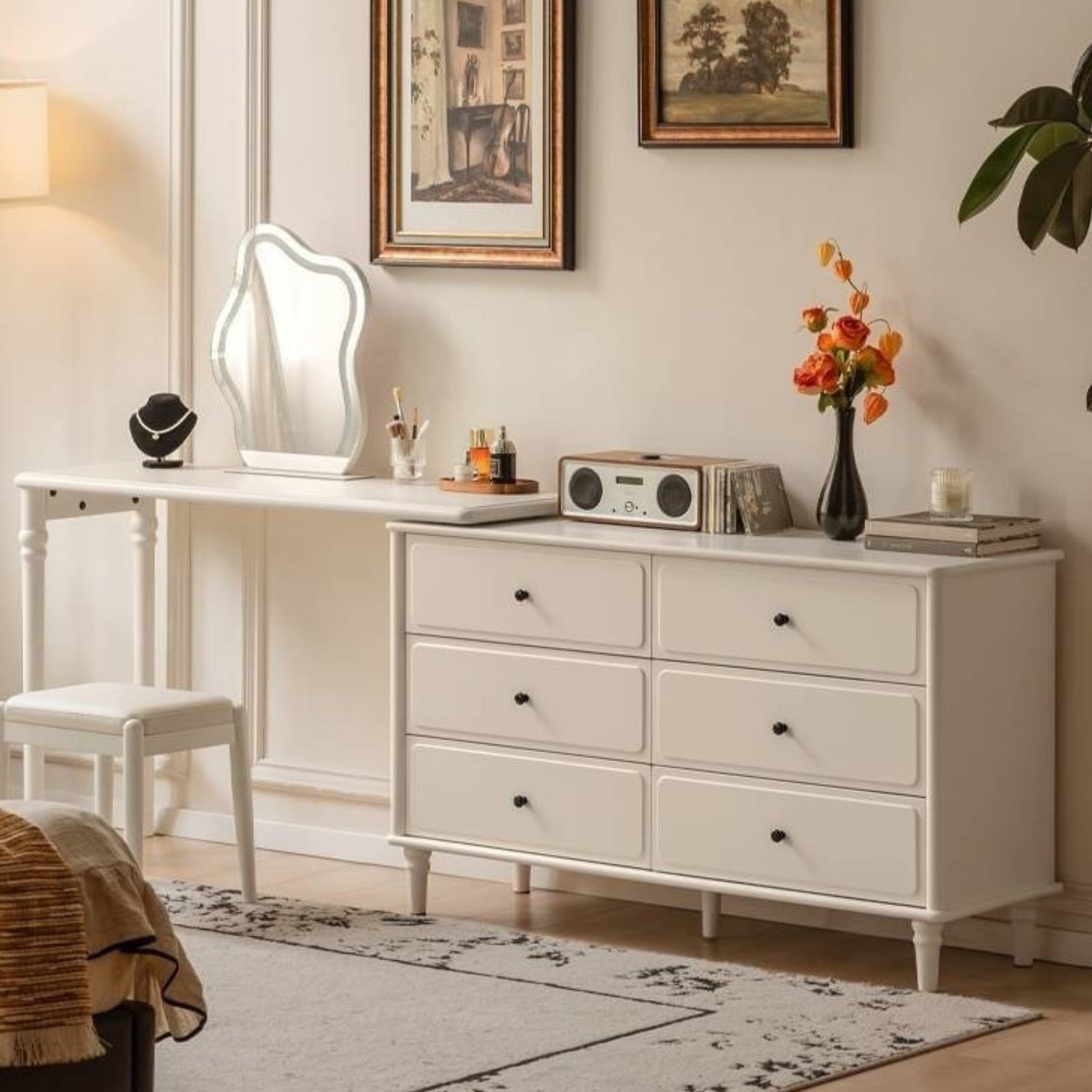 Solid Rubberwood French Retro Dressing Table