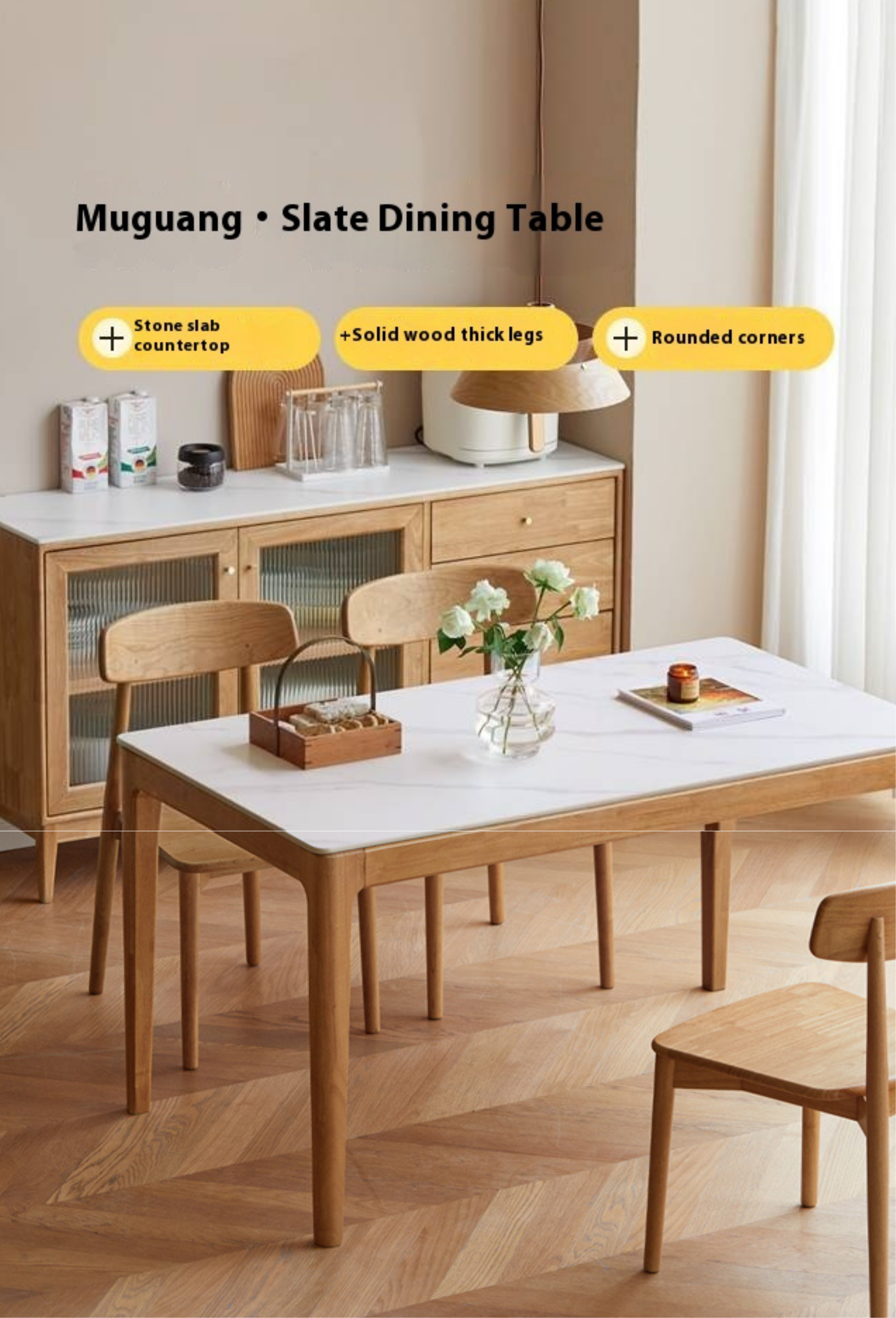 Solid RubberWood Rock Plate Modern Dining Table