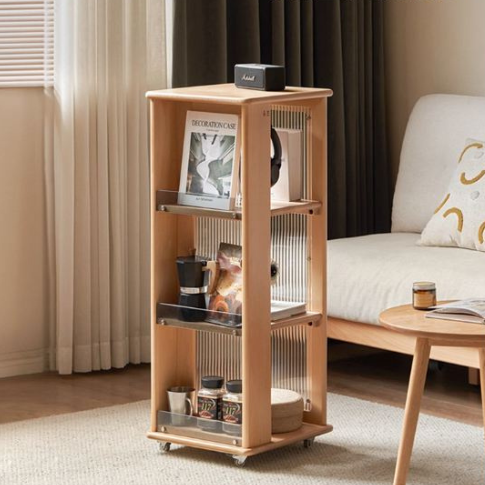 Beech Solid Wood Floor Movable Rack Side Cabinet