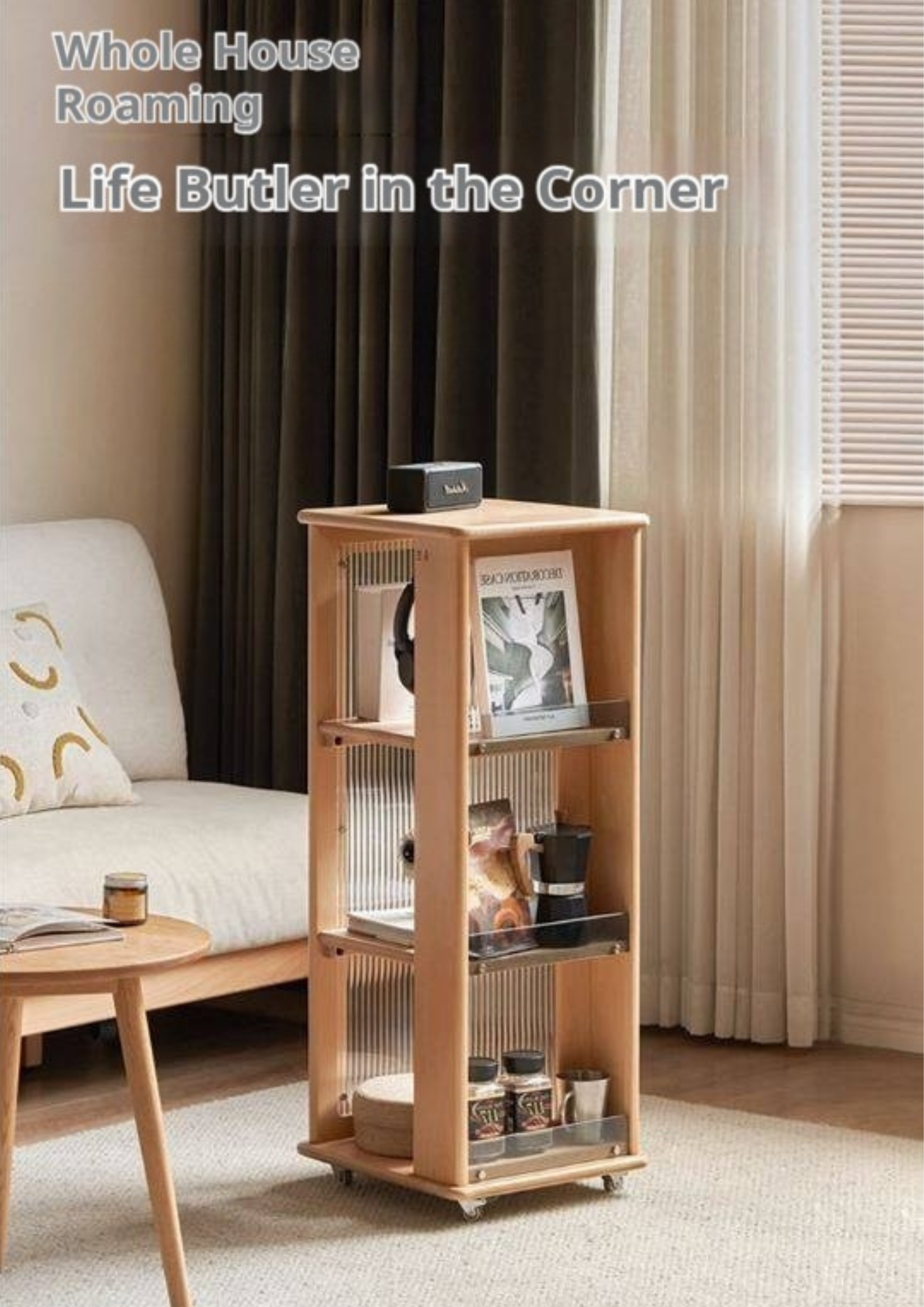 Beech Solid Wood Floor Movable Rack Side Cabinet