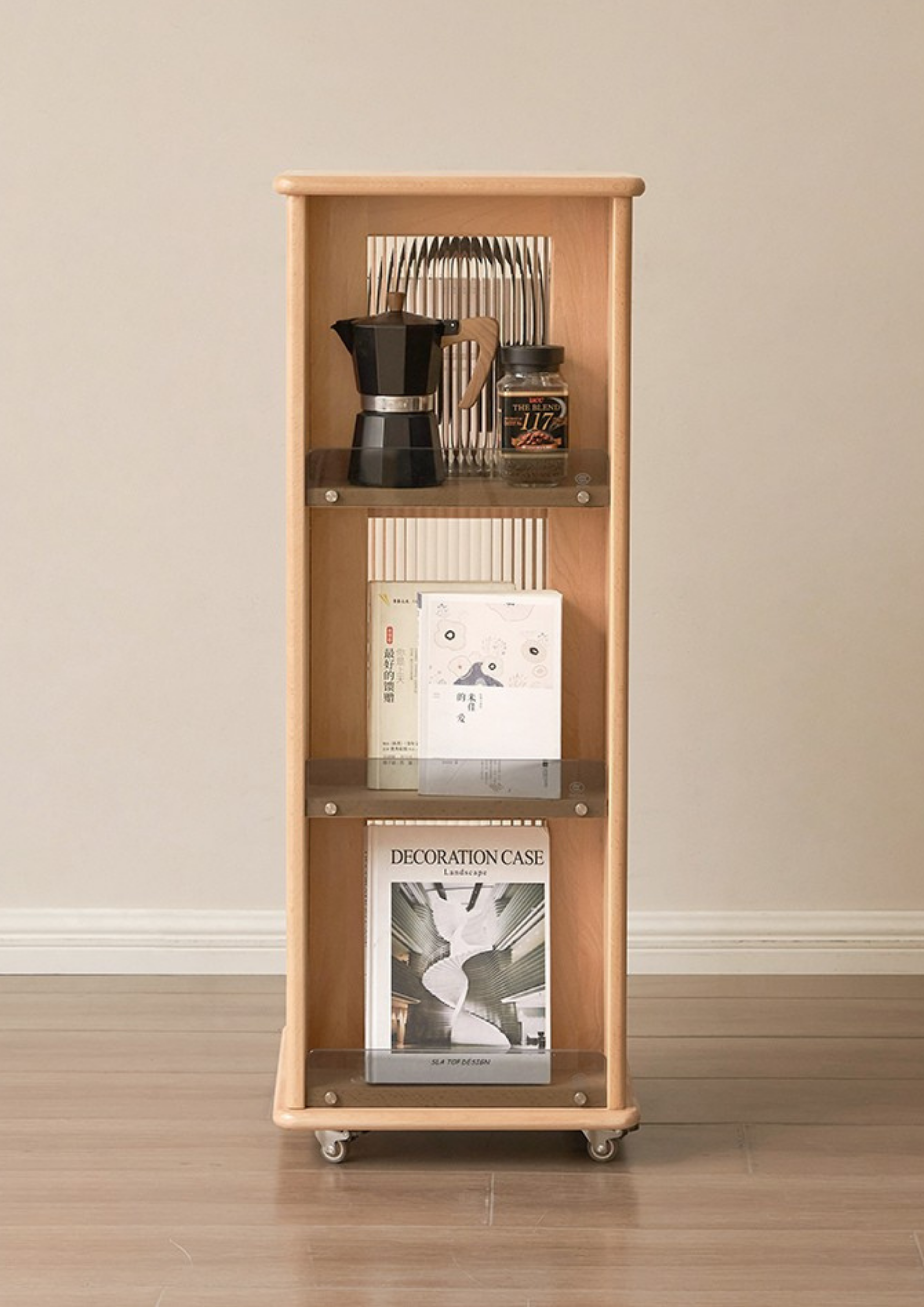 Beech Solid Wood Floor Movable Rack Side Cabinet