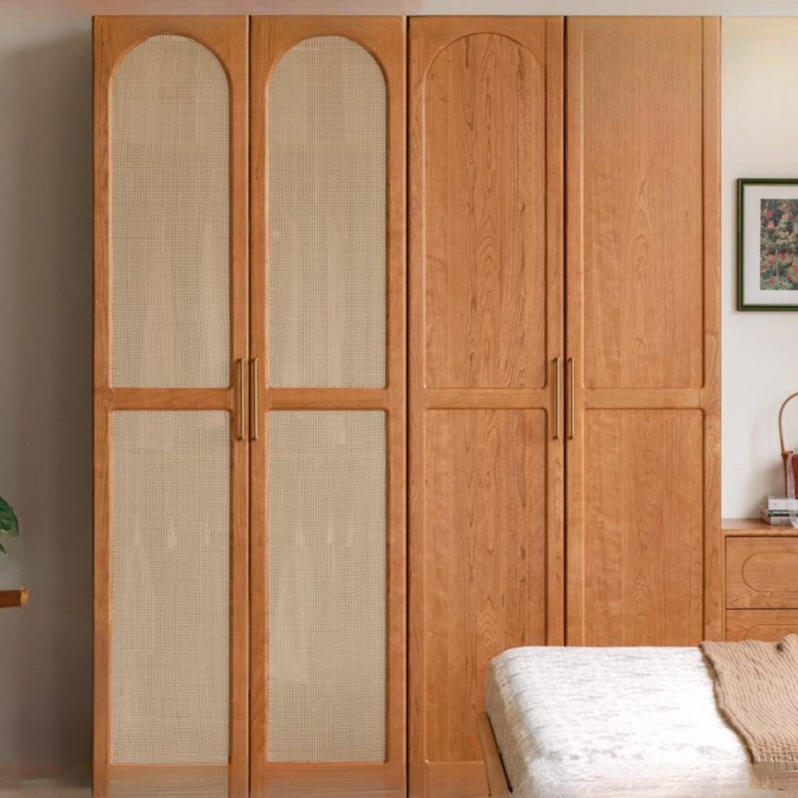 Cherry Solid Wood Retro Rattan Wardrobe