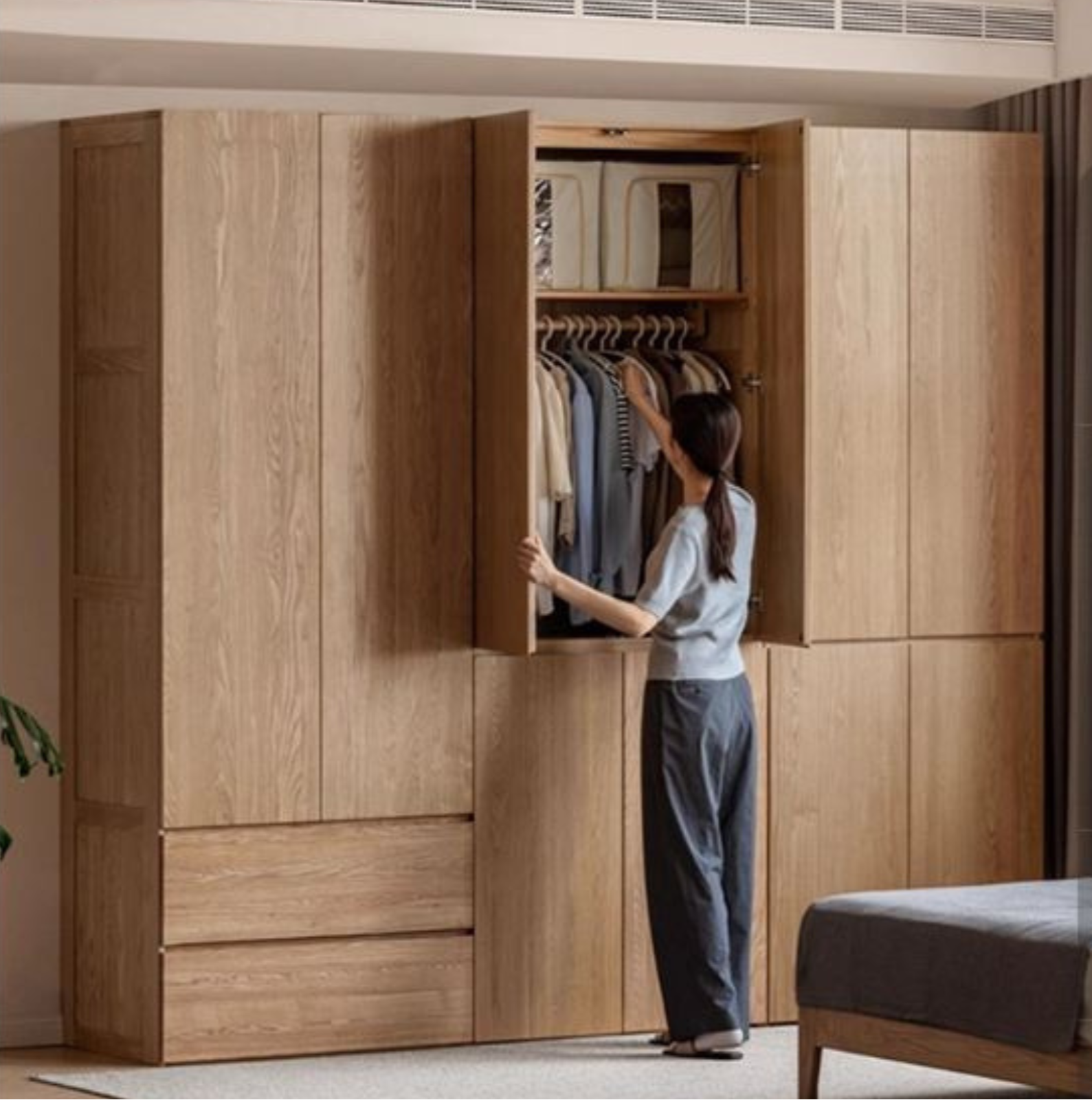 Ash Solid Wood Open Door Storage Cabinet