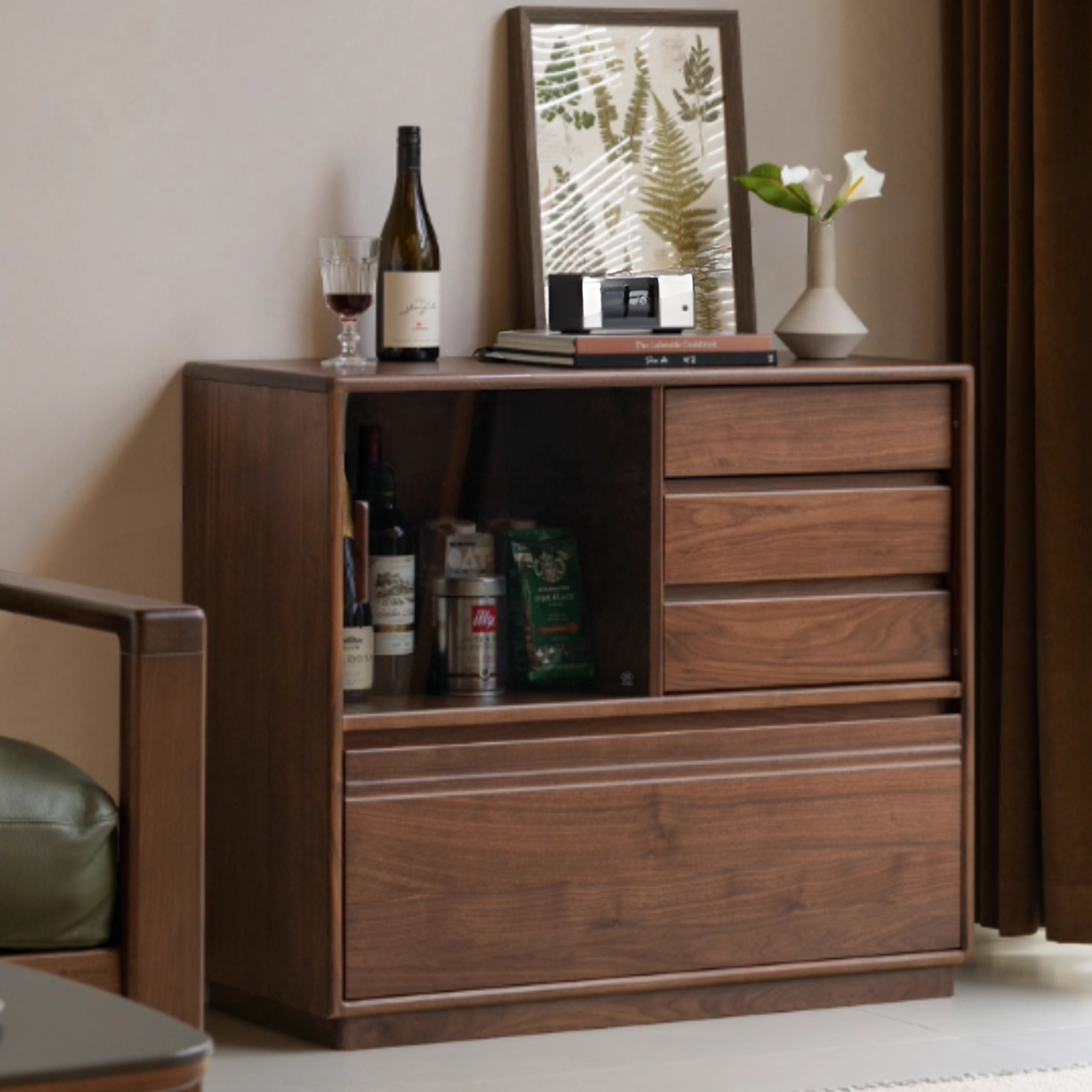 Black Walnut Solid Wood Modern Side Cabinet.