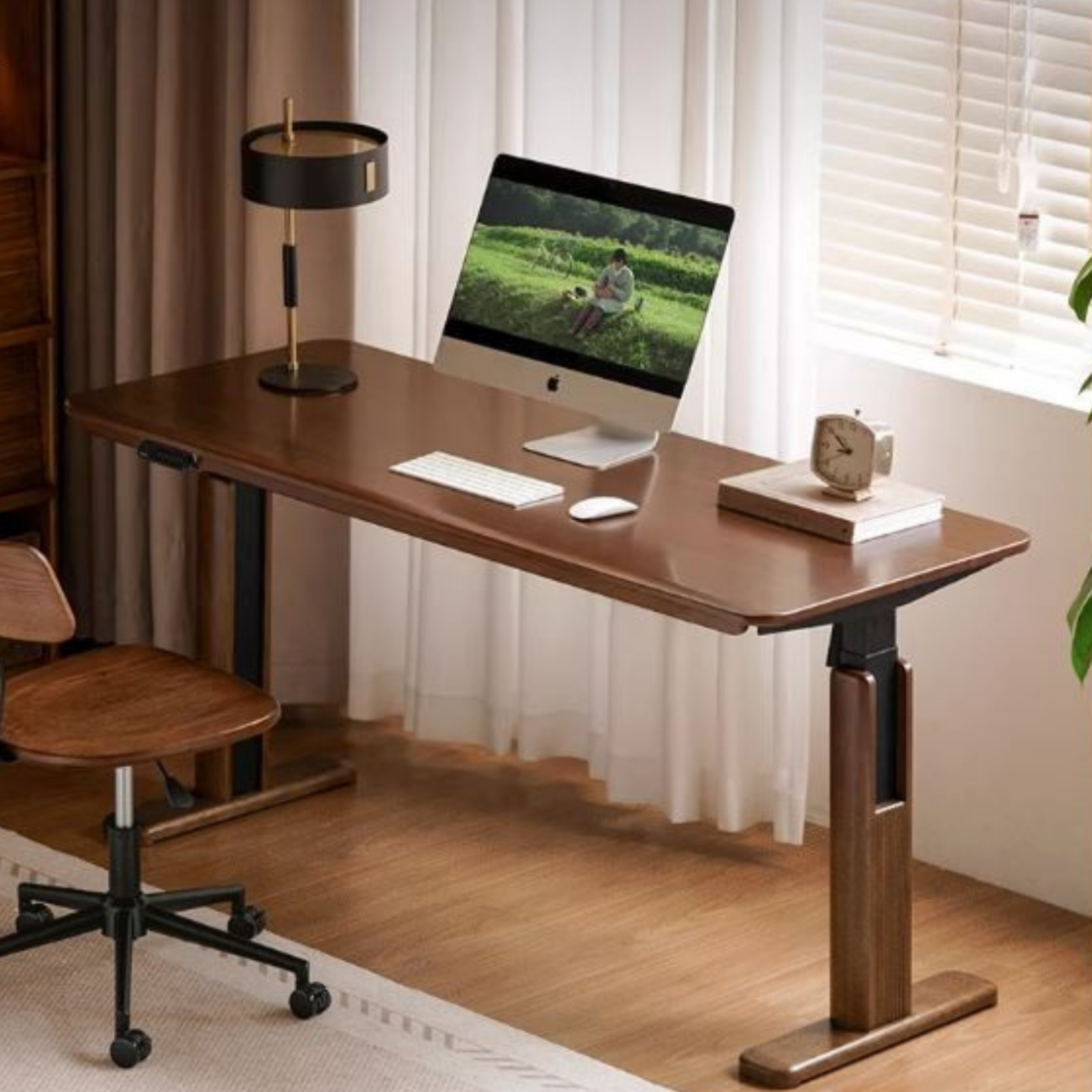 Solid Longan Hardwood Electric Lift Standing Desk with Adjustable Height