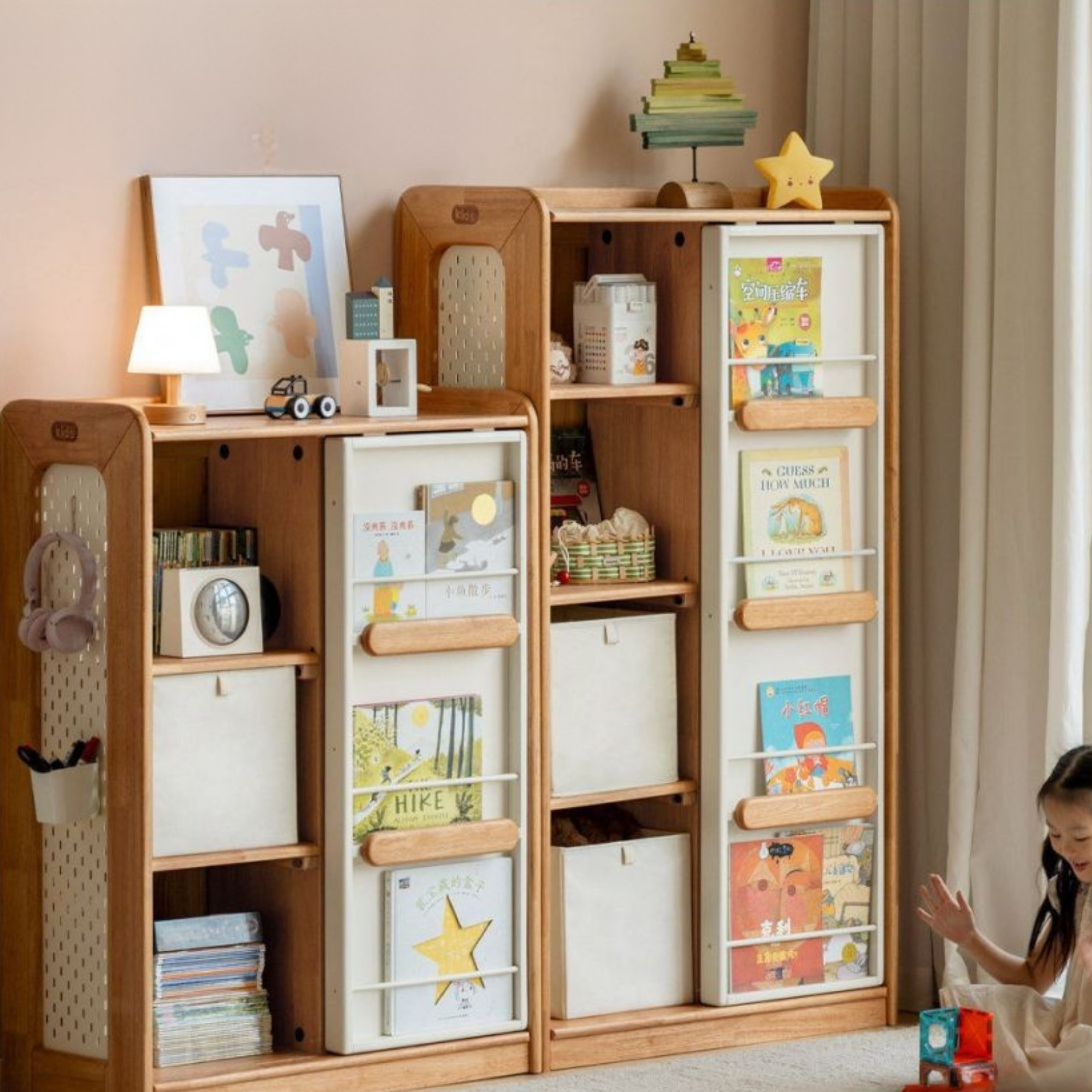 Solid Rubberwood Children's Bookcase with Sliding Doors and Toy Storage