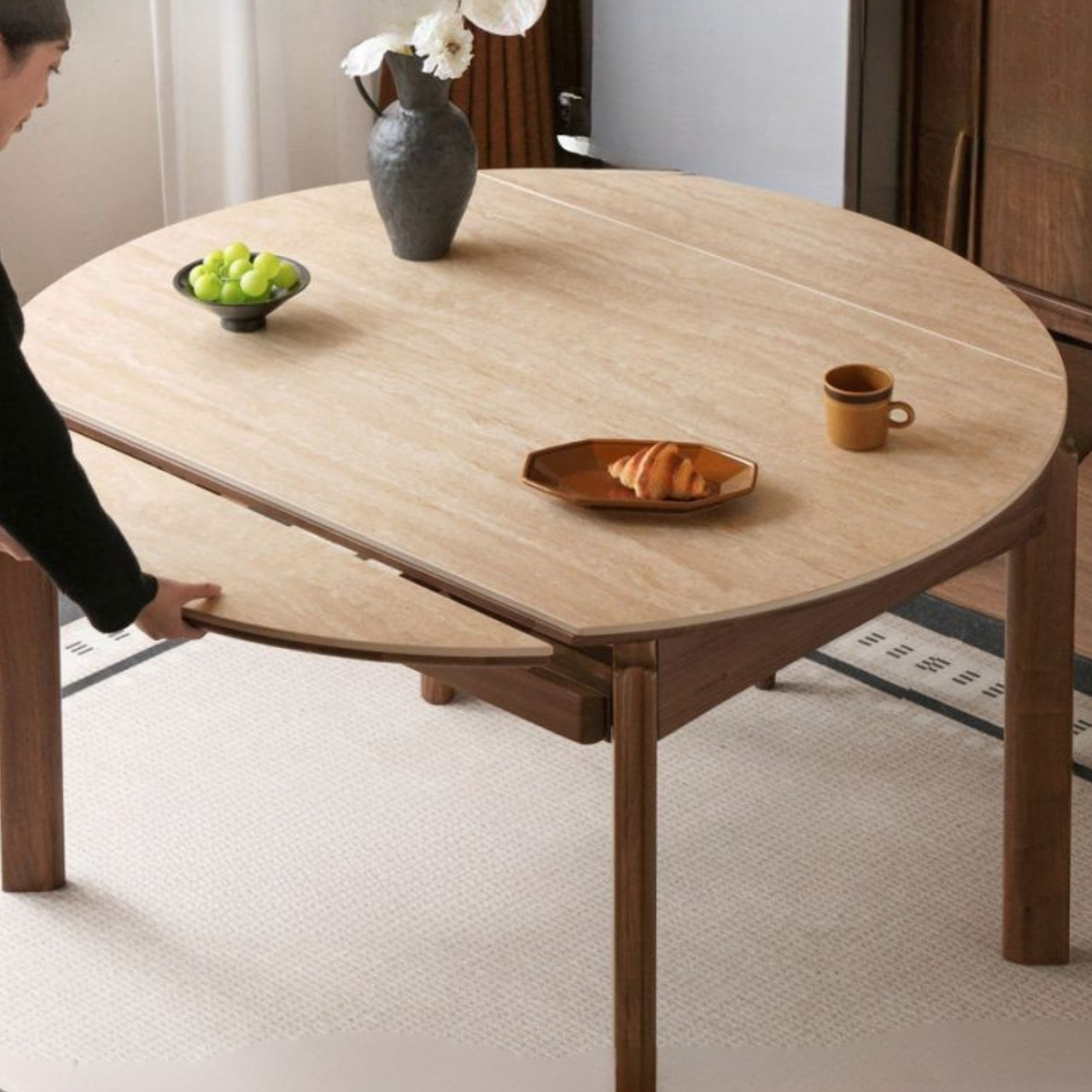 Black Walnut Solid Wood Folding Dining Table with Rock Plate Round Top