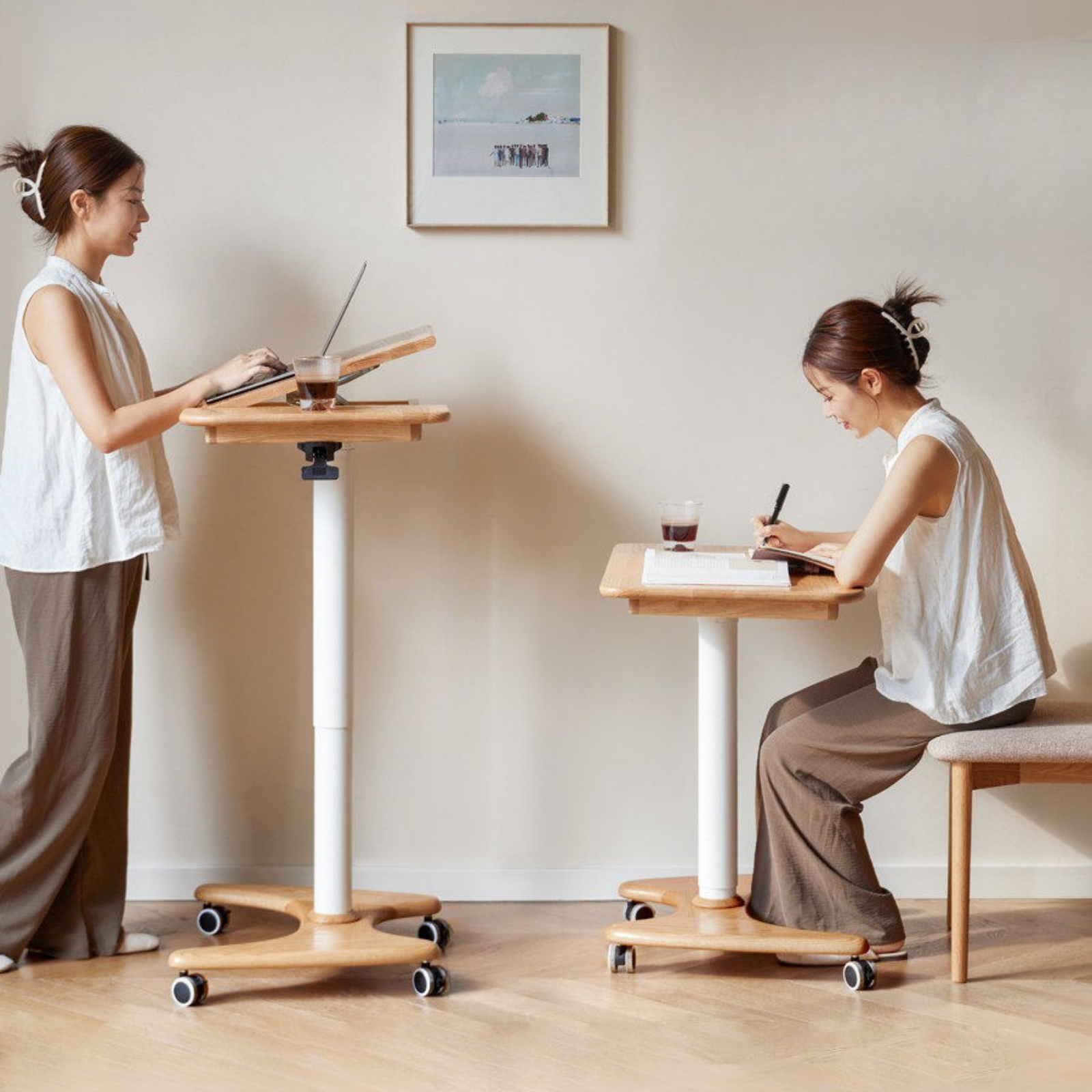Oak, Ash Solid Wood Standing Desk Lifting Movable Side Table