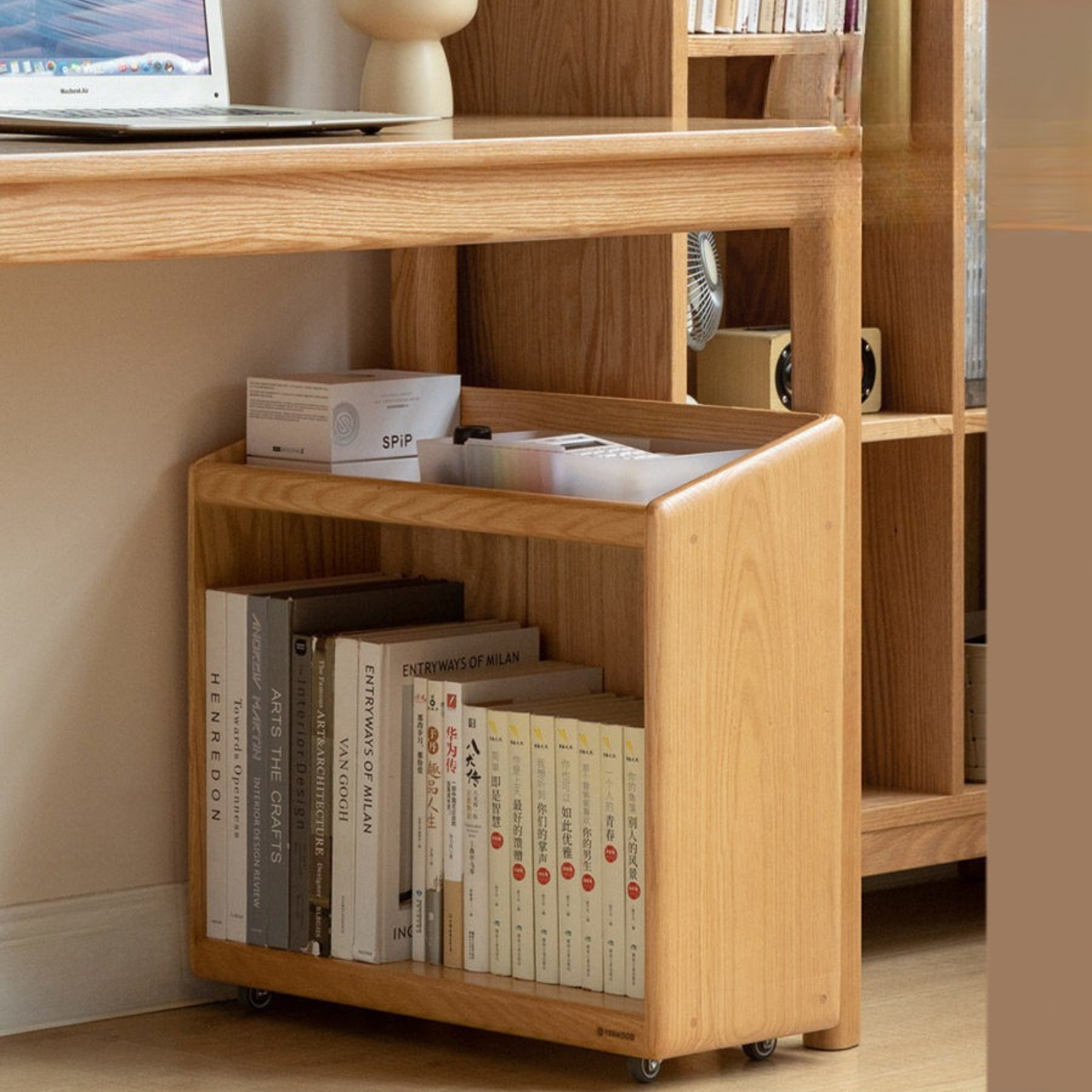 Oak, Solid Rubberwood Under-Table Bookshelf Movable