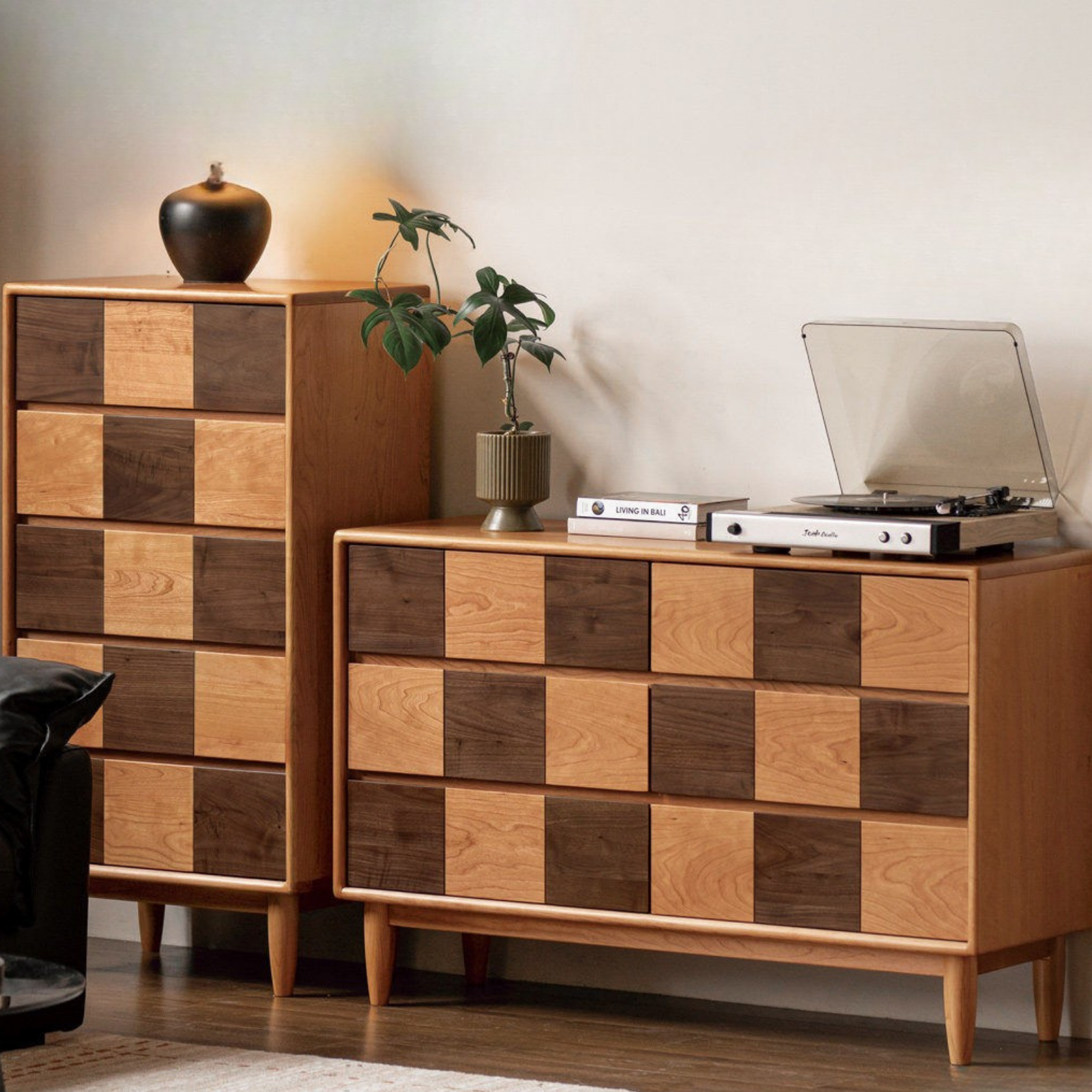 Cherry Solid Wood Retro Chest of Drawers Checkerboard