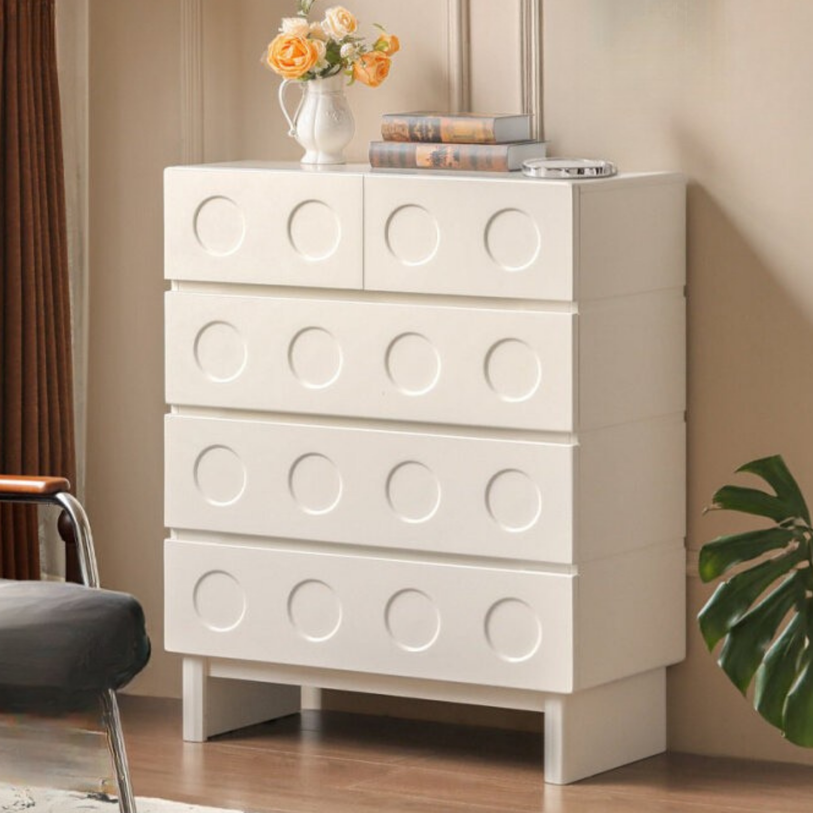 Solid Rubberwood French Cream Wind Drawer Cabinet.