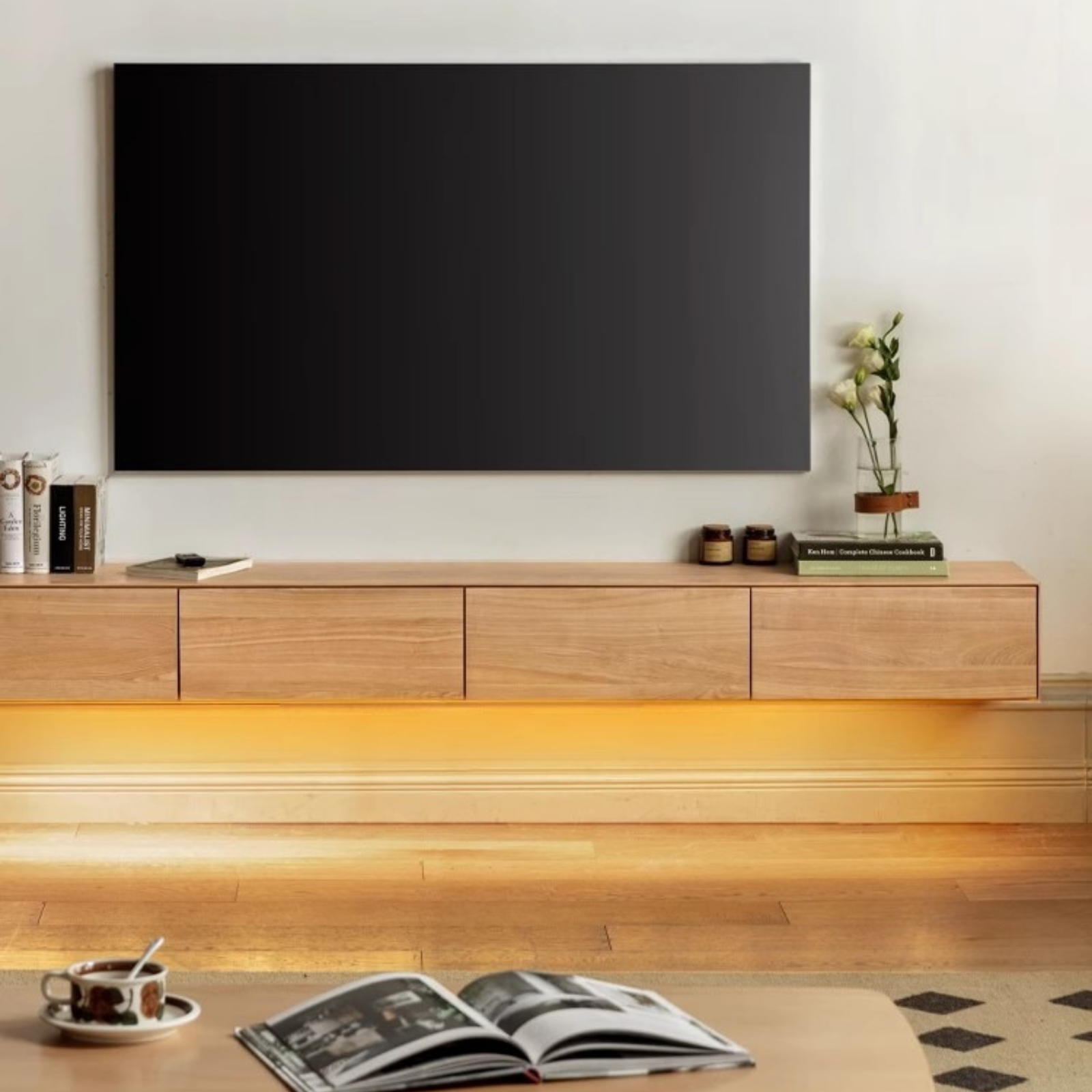 Oak Solid Wood TV Cabinet Minimalist Light Suspended-