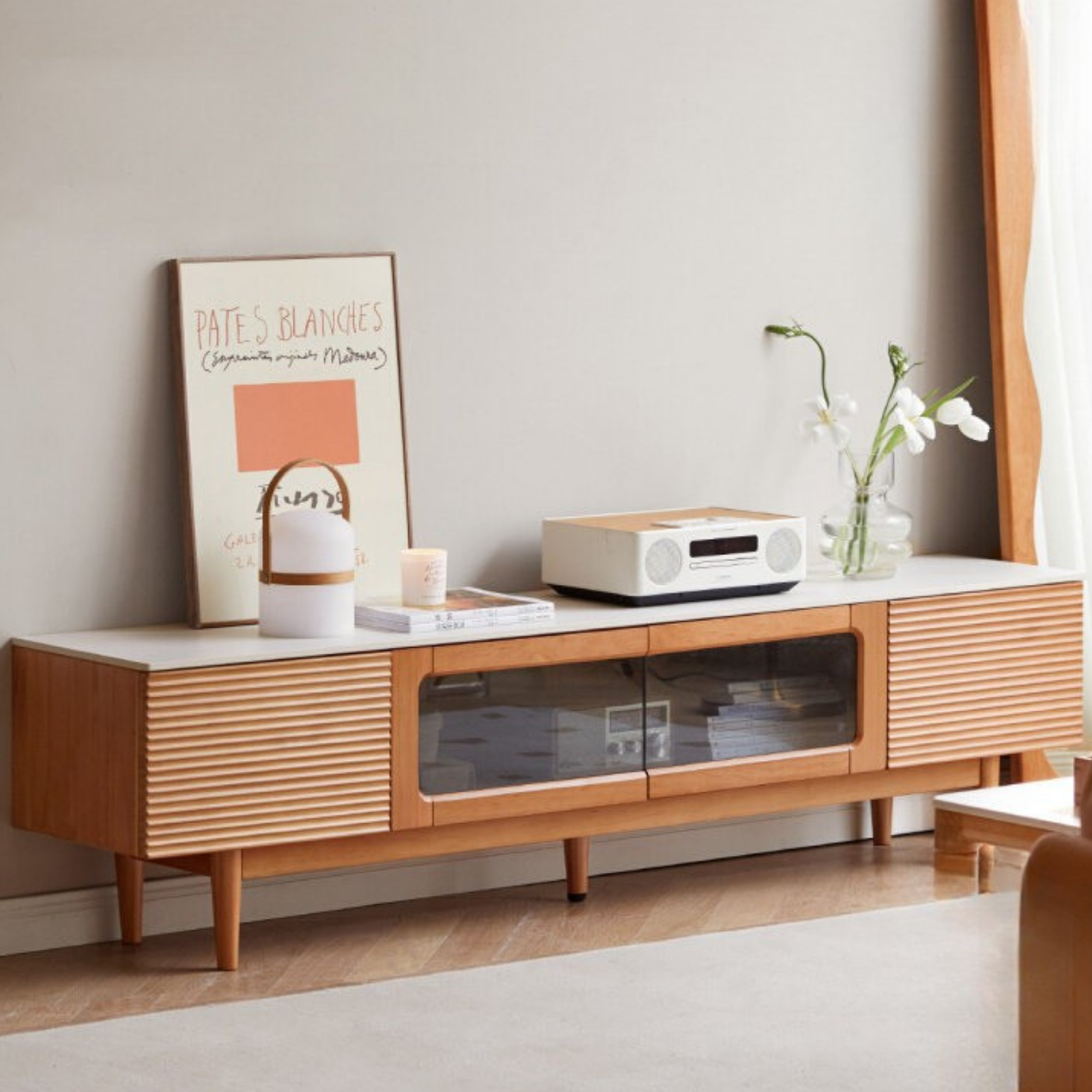 Pine Solid Wood Modern Rock Floor TV Cabinet.