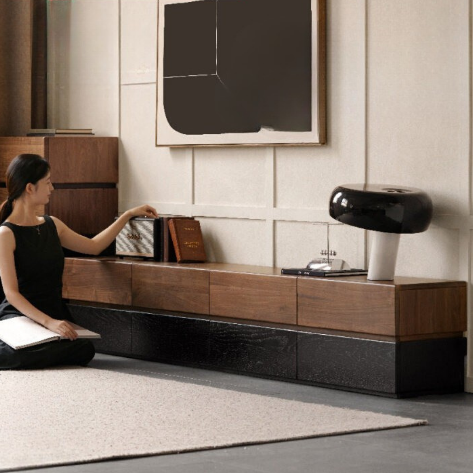 Black Walnut, Oak Solid Wood Italian Two-tone TV Cabinet