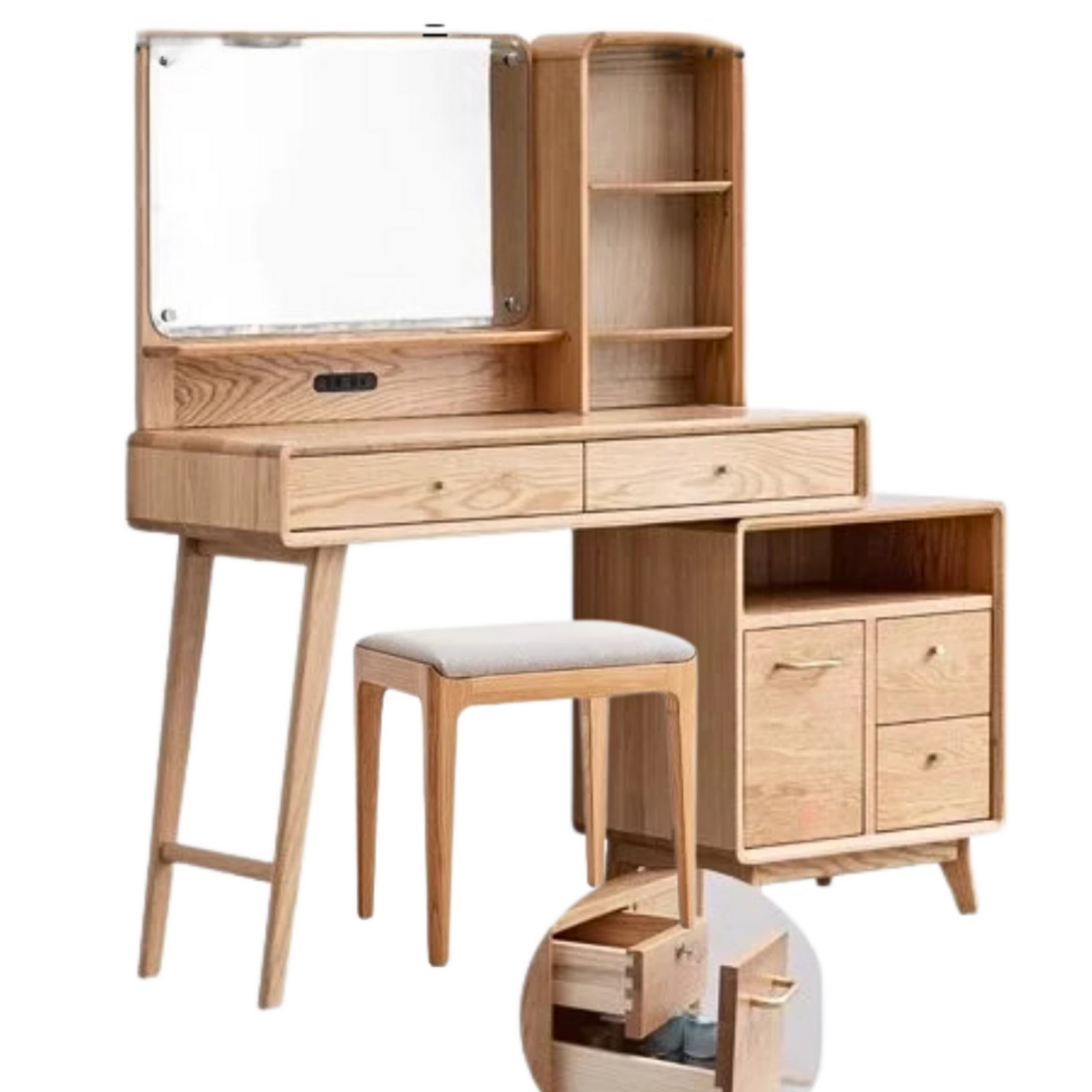 Oak, Rubberwood Solid Wood Vanity Table Telescopic.