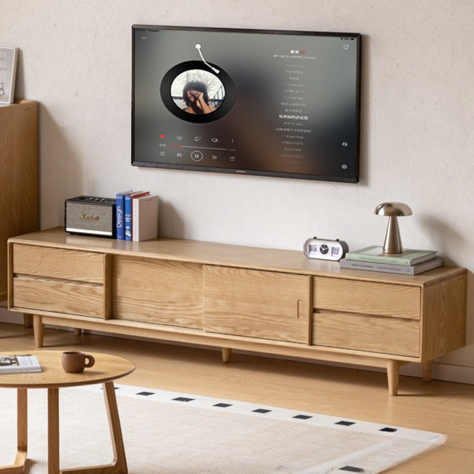 White Ash, Ash Solid Wood TV Stand with Sliding Doors and Sleek Finish