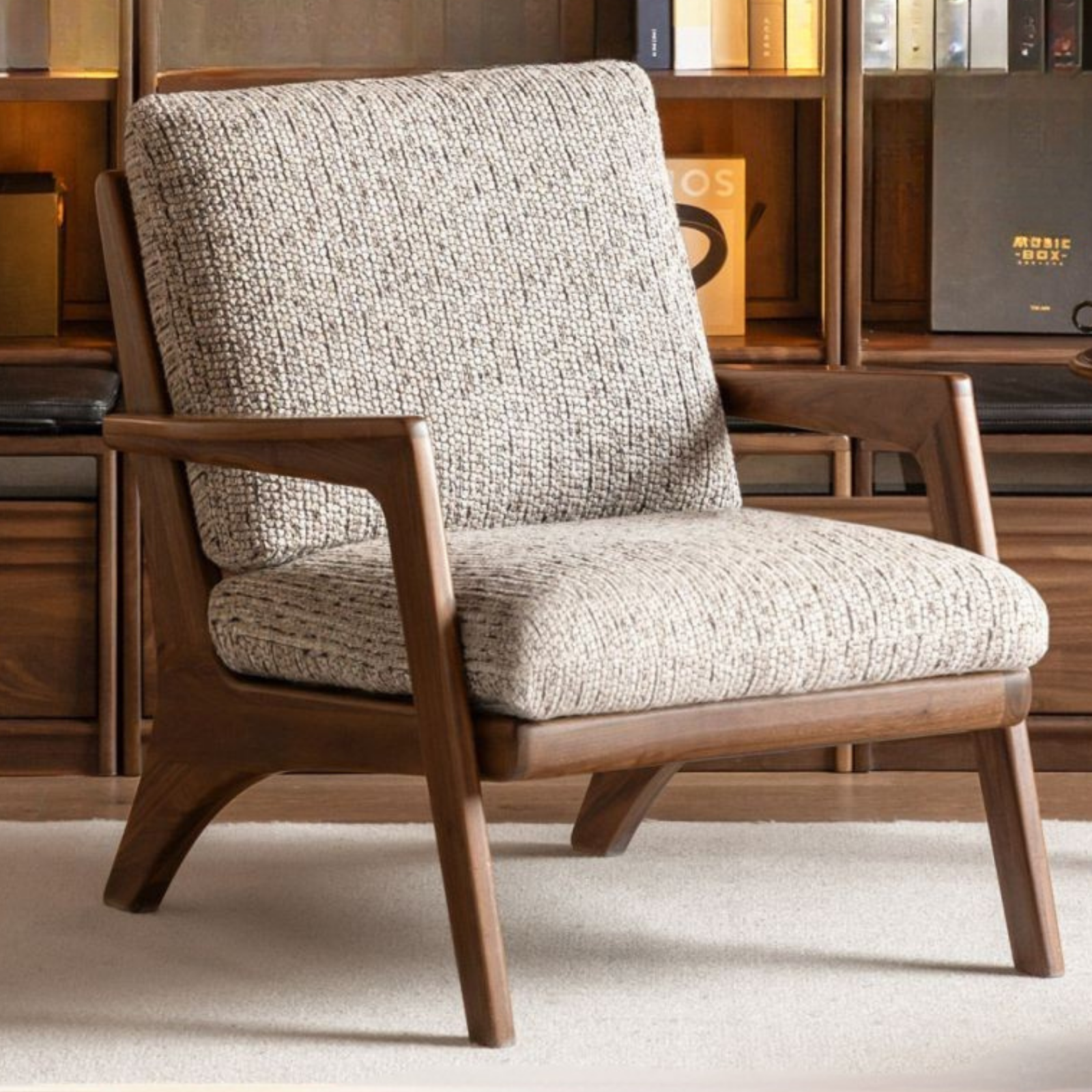 2 pcs -Black Walnut, Oak Solid Wood Lounge Armchair with Angled Frame and Open Armrests