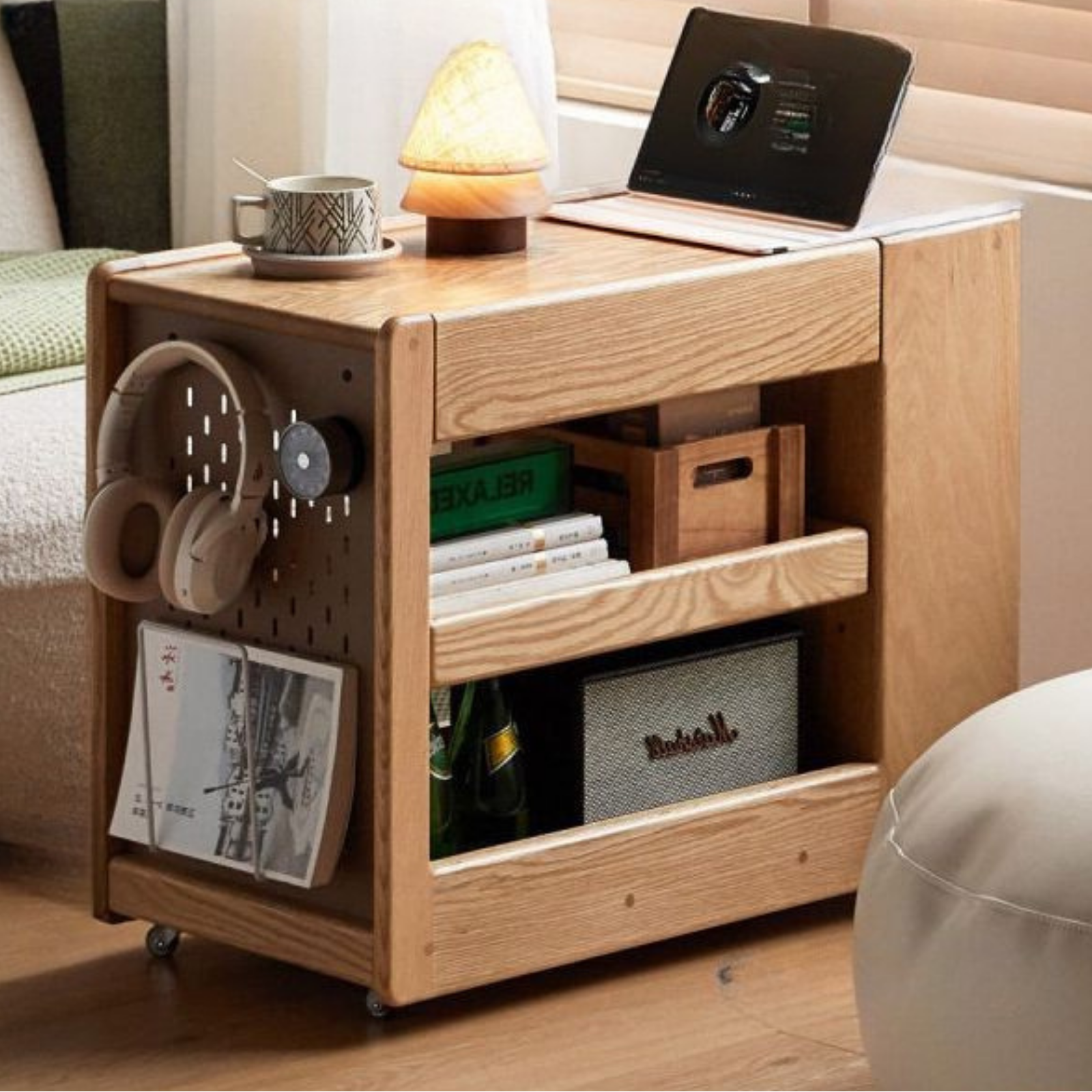 Oak Solid Wood Side Table with Mobile Trolley and Storage Functionality