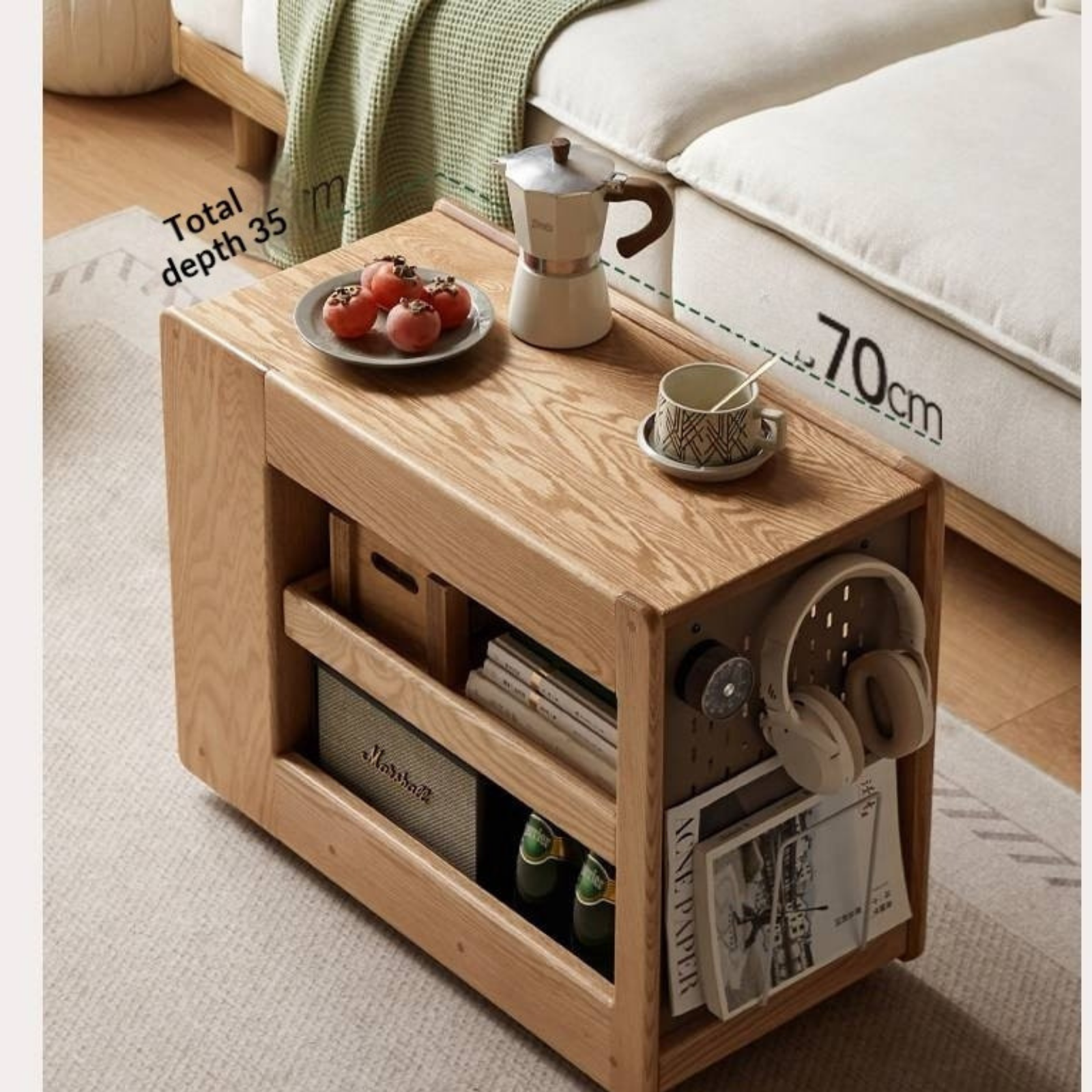 Oak Solid Wood Side Table with Mobile Trolley and Storage Functionality