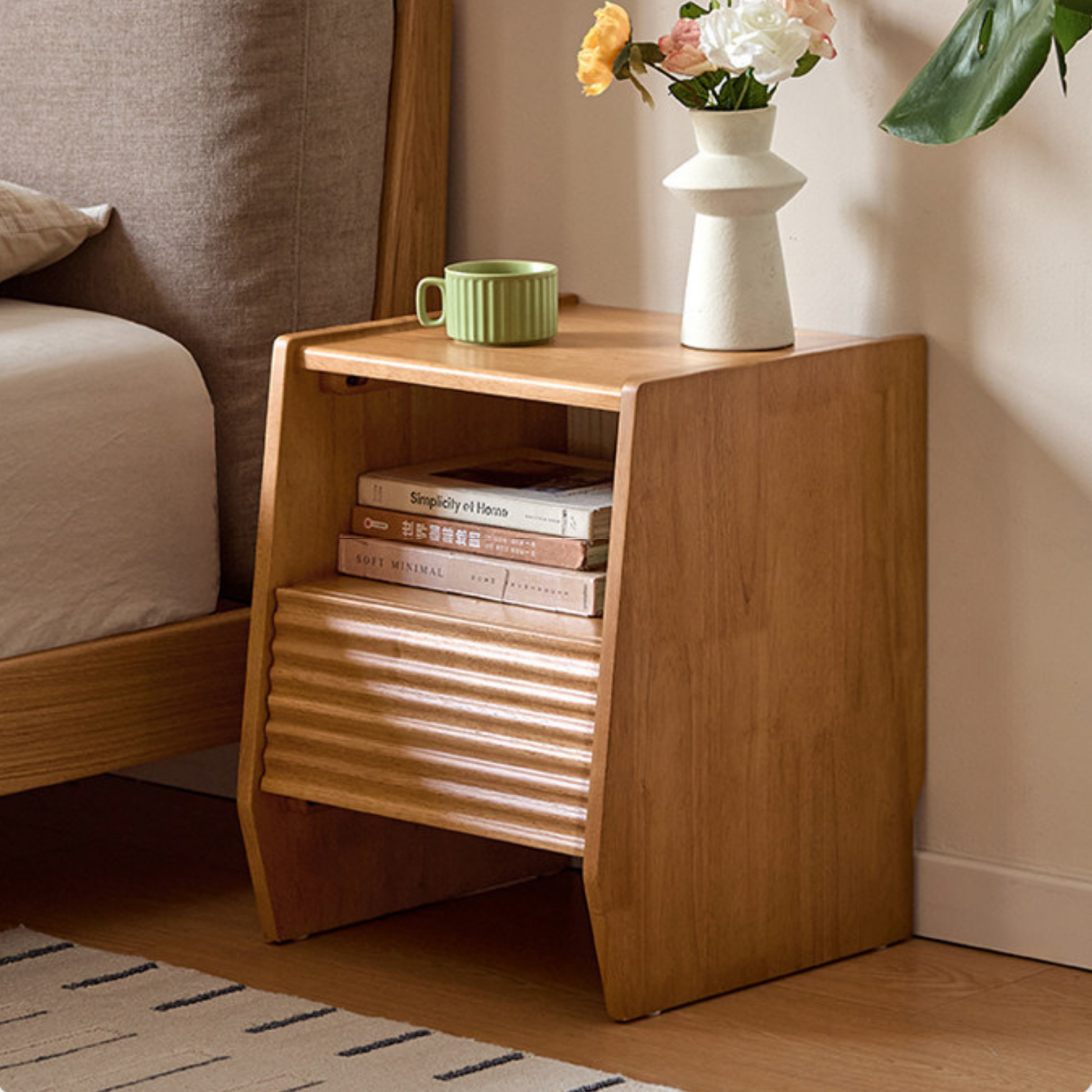 Solid Rubberwood Nightstand with Modern Minimalist Style