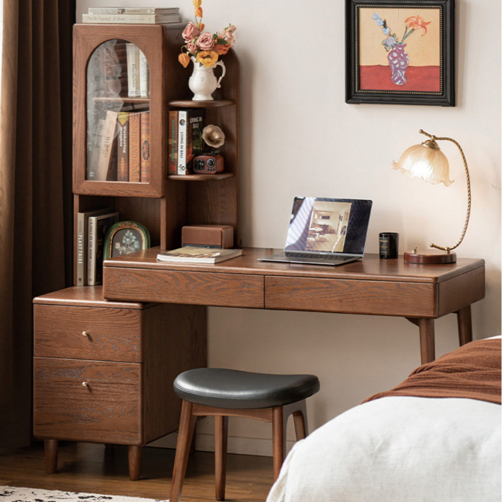 Oak Solid Wood Telescopic Desk with Integrated Bookshelf