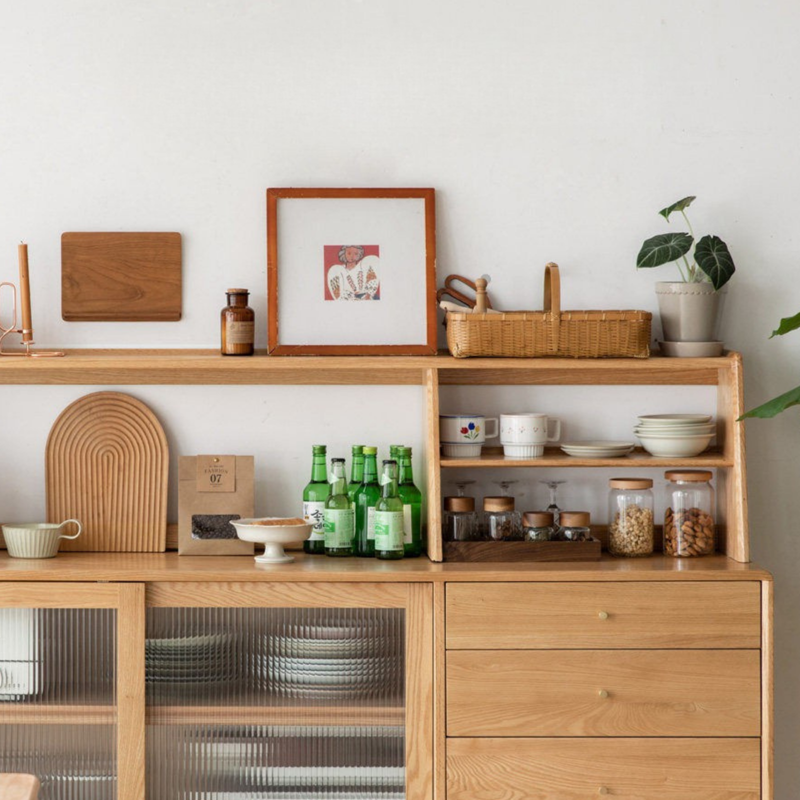 Oak Solid Wood, Solid Rubberwood Sideboard Shelf, Kitchen Shelf