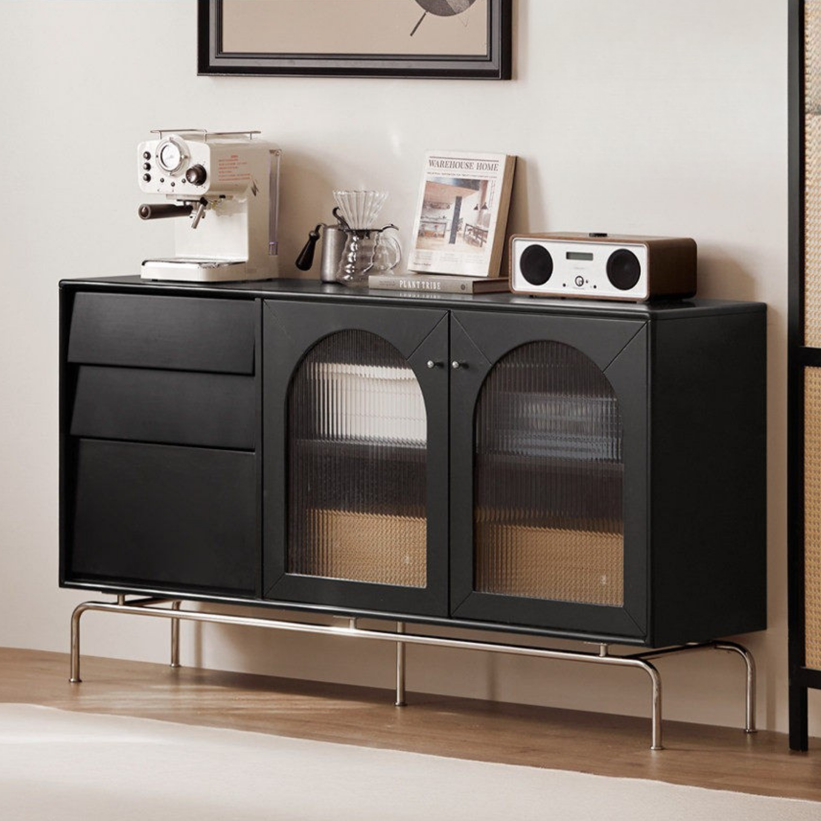 Solid Rubberwood French Retro Sideboard Black Glass