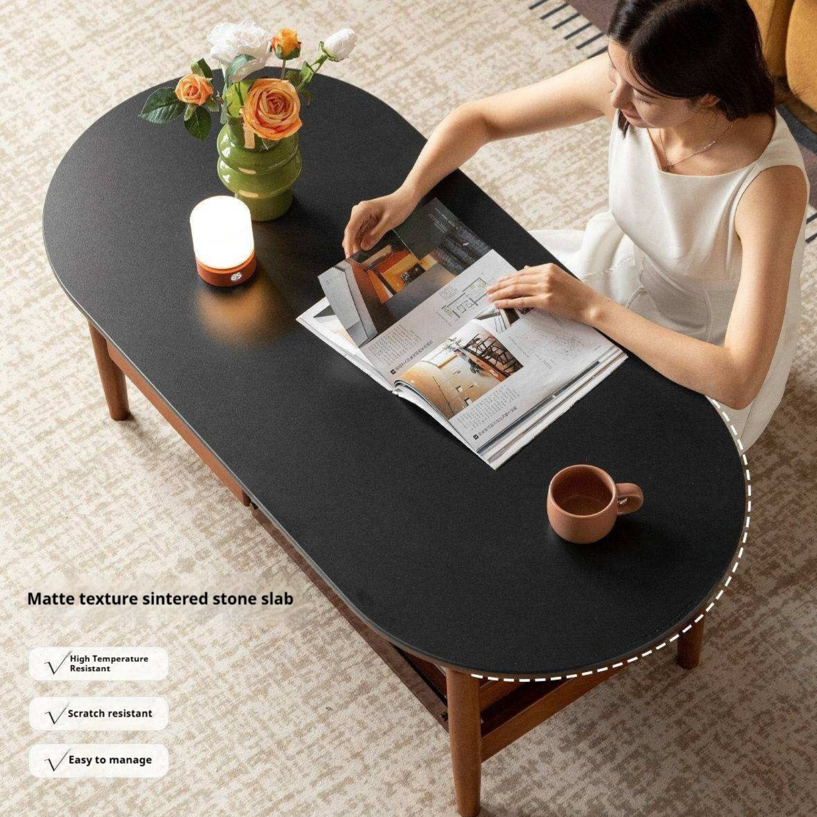 Tulipwood Solid Wood Coffee Table with Rock Slab Top in Retro Style