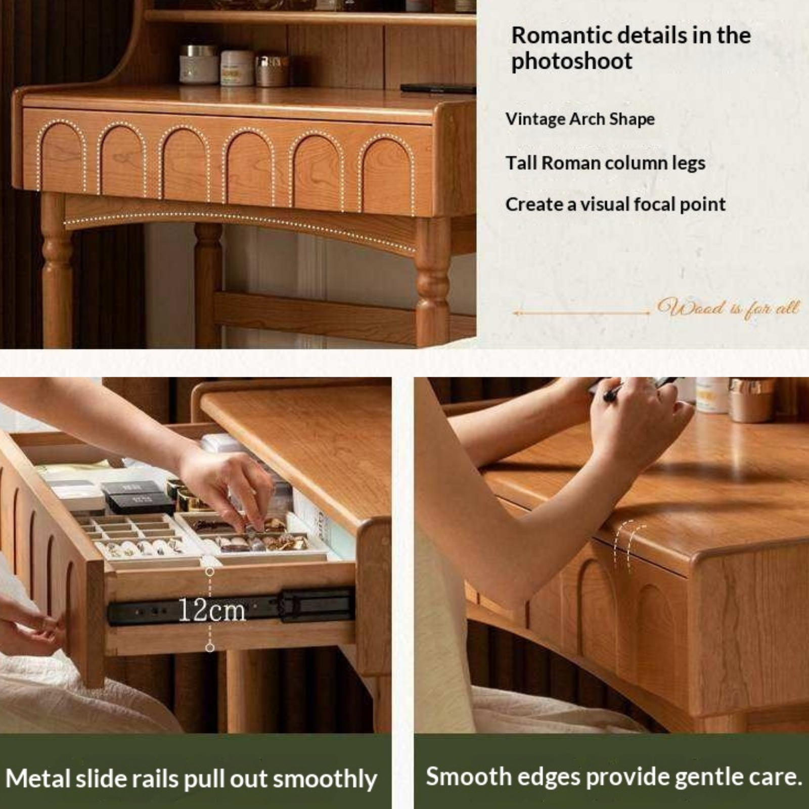 Cherry Solid Wood French Retro Vanity Table with Light