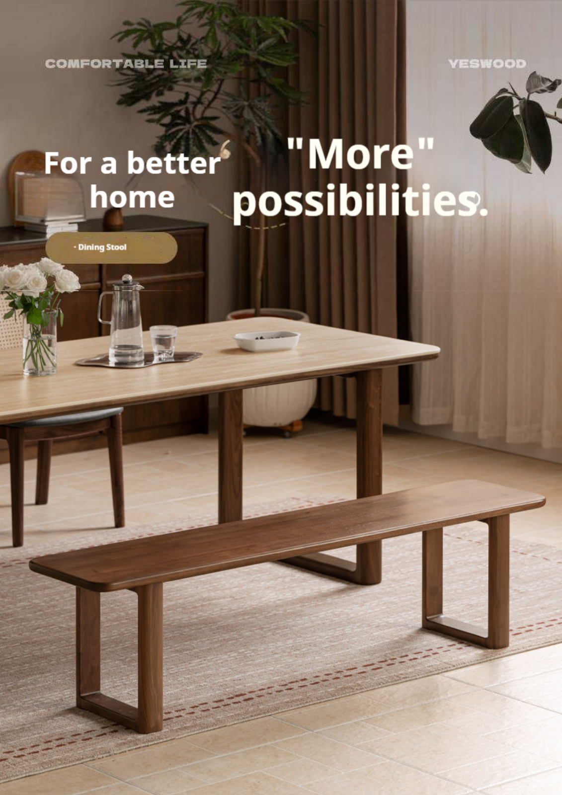 Black Walnut, White Ash Solid Wood Leisure Long Bench