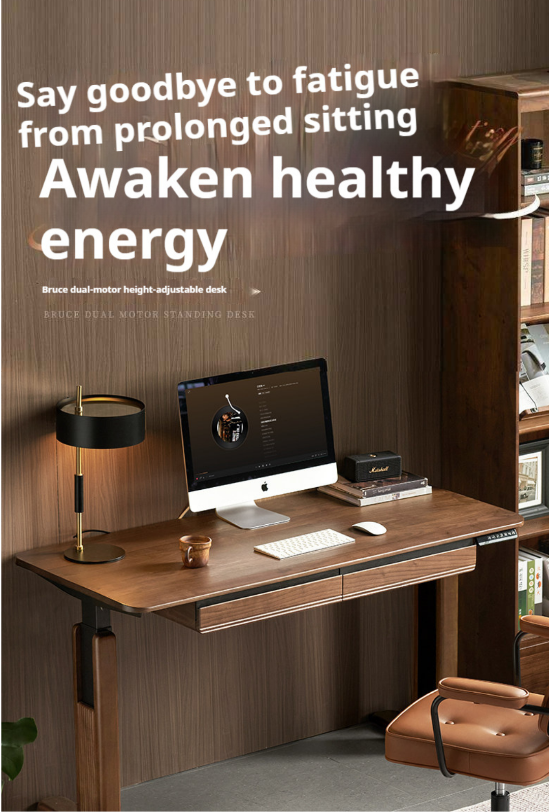 Black Walnut, White Ash Solid Wood Electric Height-Adjustable Standing Desk with Storage Drawers