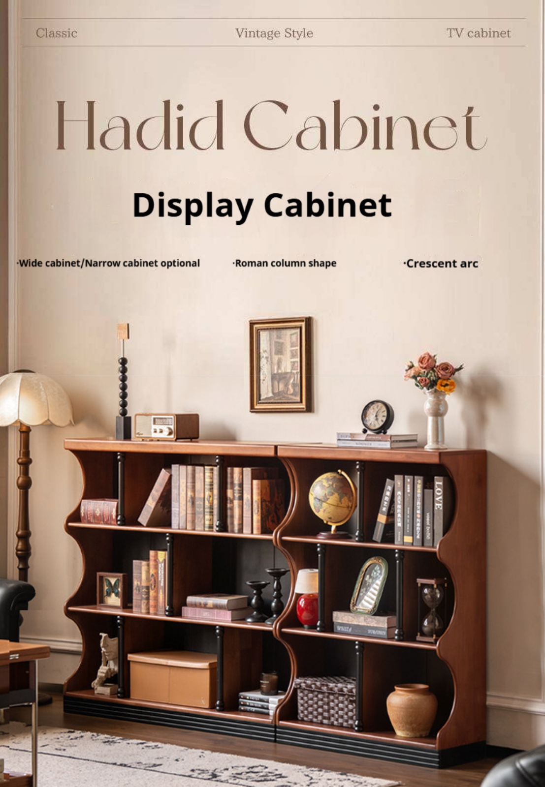 Solid RubberWood French Retro Bookcase with Storage Cabinet