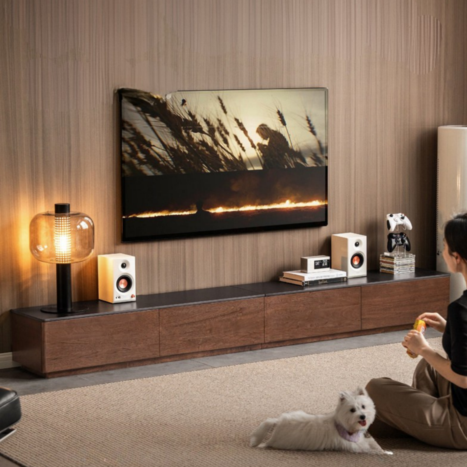 Catalpa Solid Wood TV Cabinet with Storage Drawers, Media Console with Slate Top