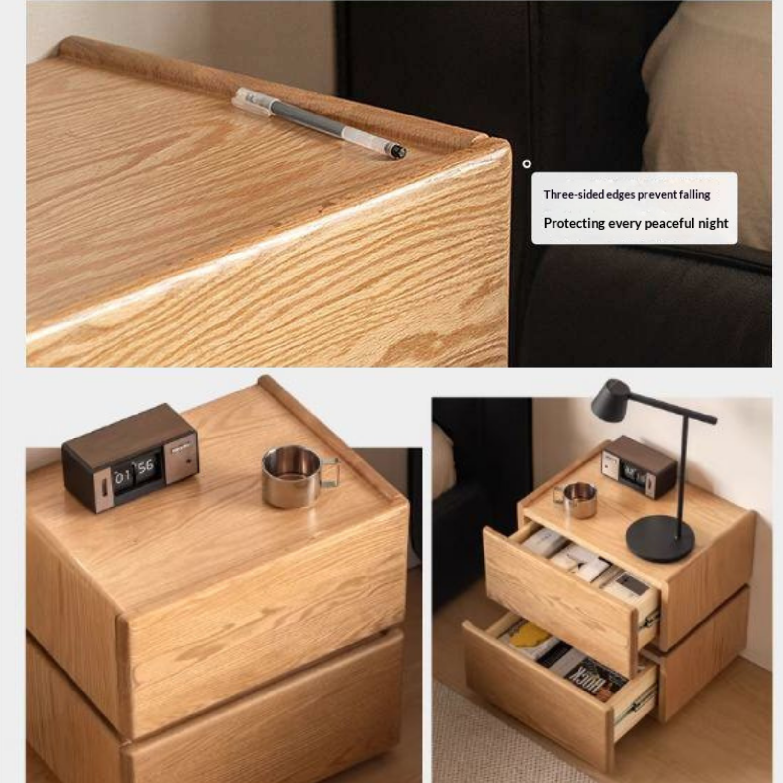 Oak Solid Wood Nightstand with Storage Drawer