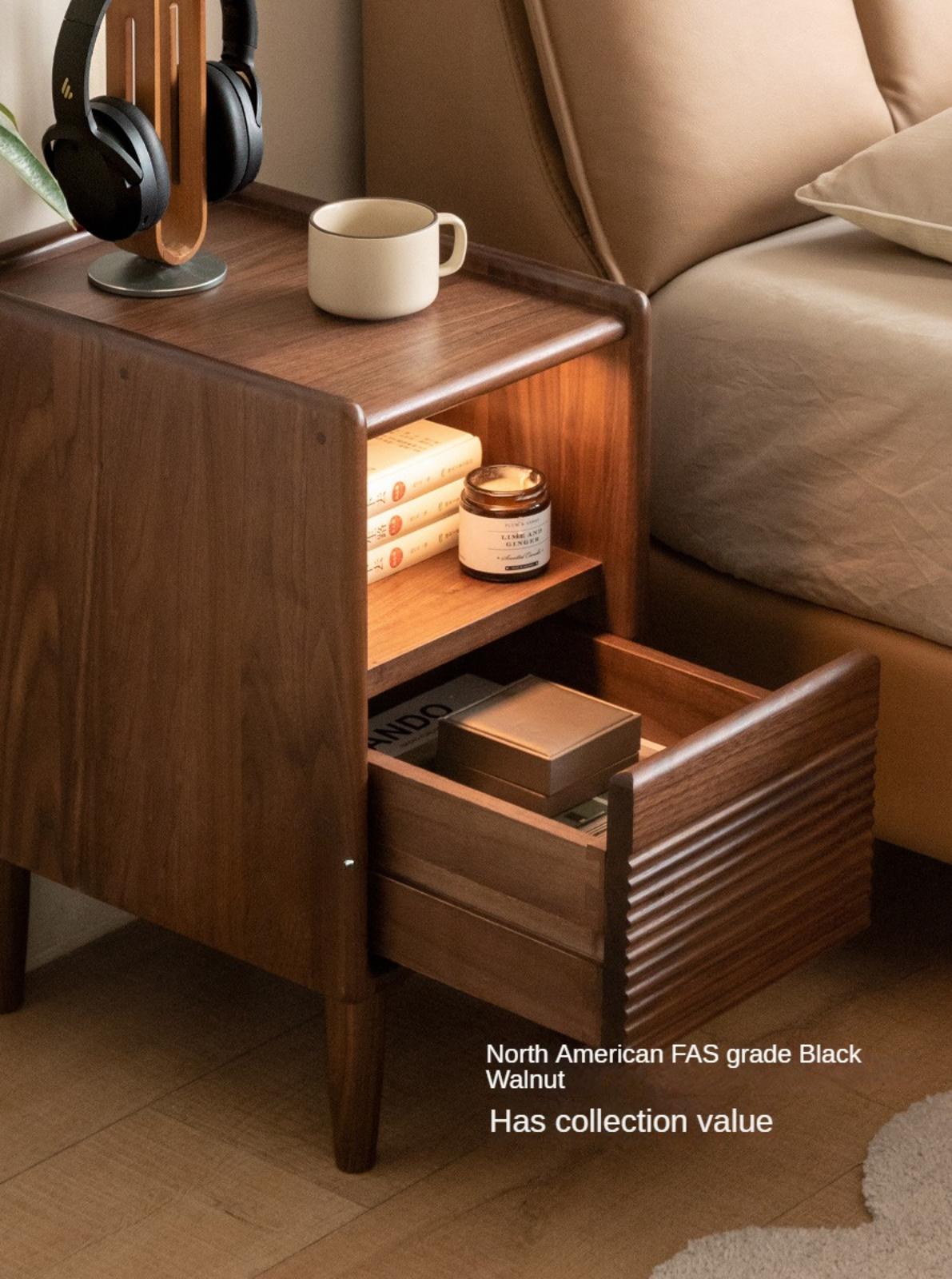 Black Walnut Solid Wood Nightstand Narrow Night Light.