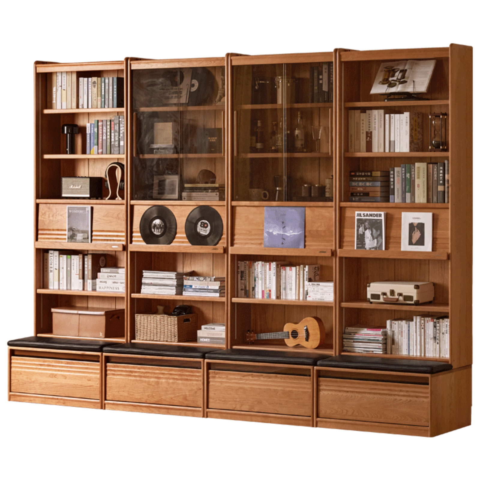Cherry Solid Wood Bookcase with Wall Integration and Floor Storage Cabinet