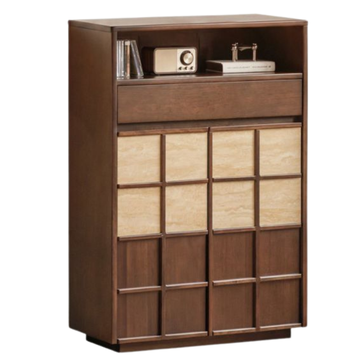 Solid Longan Hardwood Tall Storage Cabinet with Checkerboard Walnut and Stone-Look Panel Doors