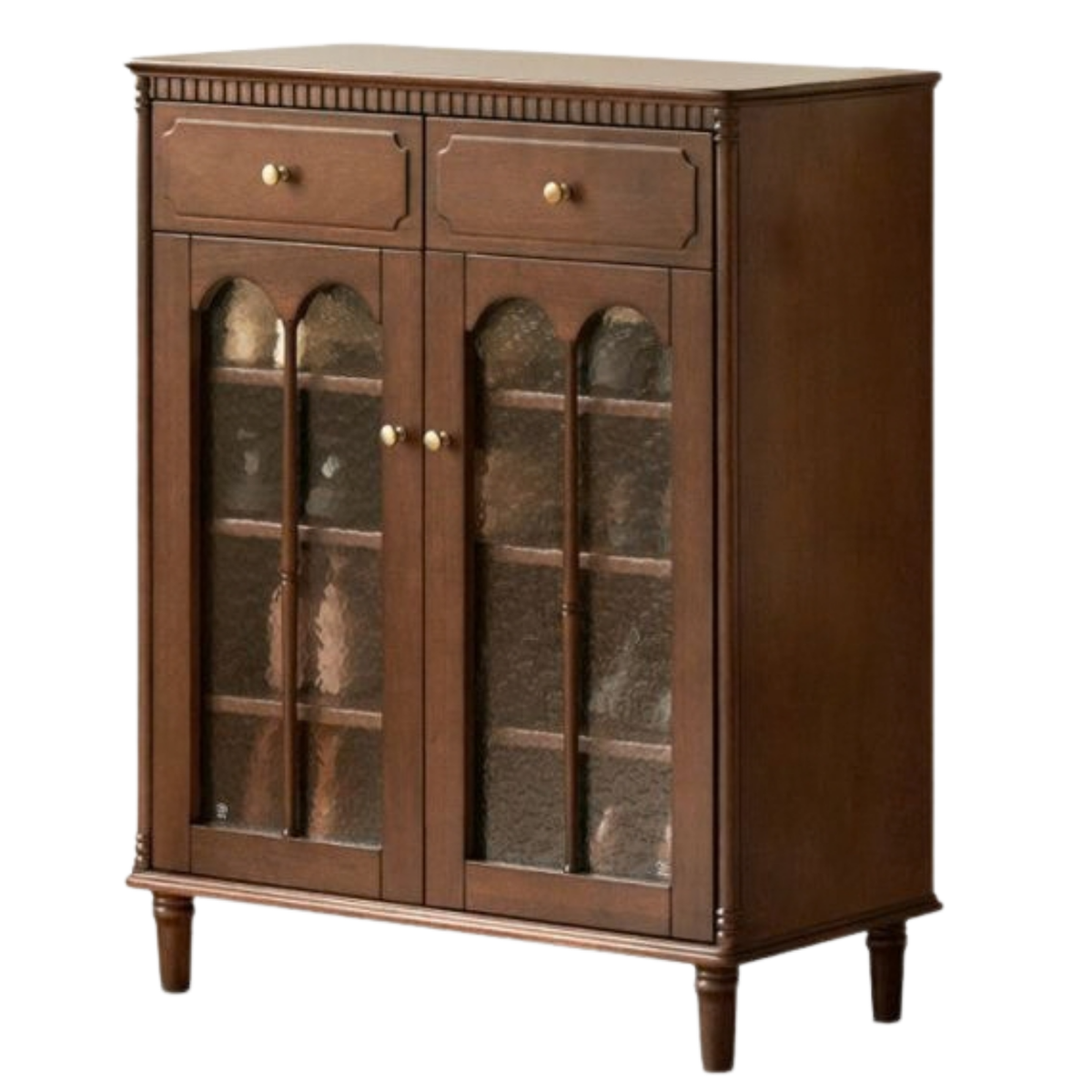 Solid Longan Hardwood French Vintage Shoe Cabinet with Arched Glass Doors and Adjustable Shelves